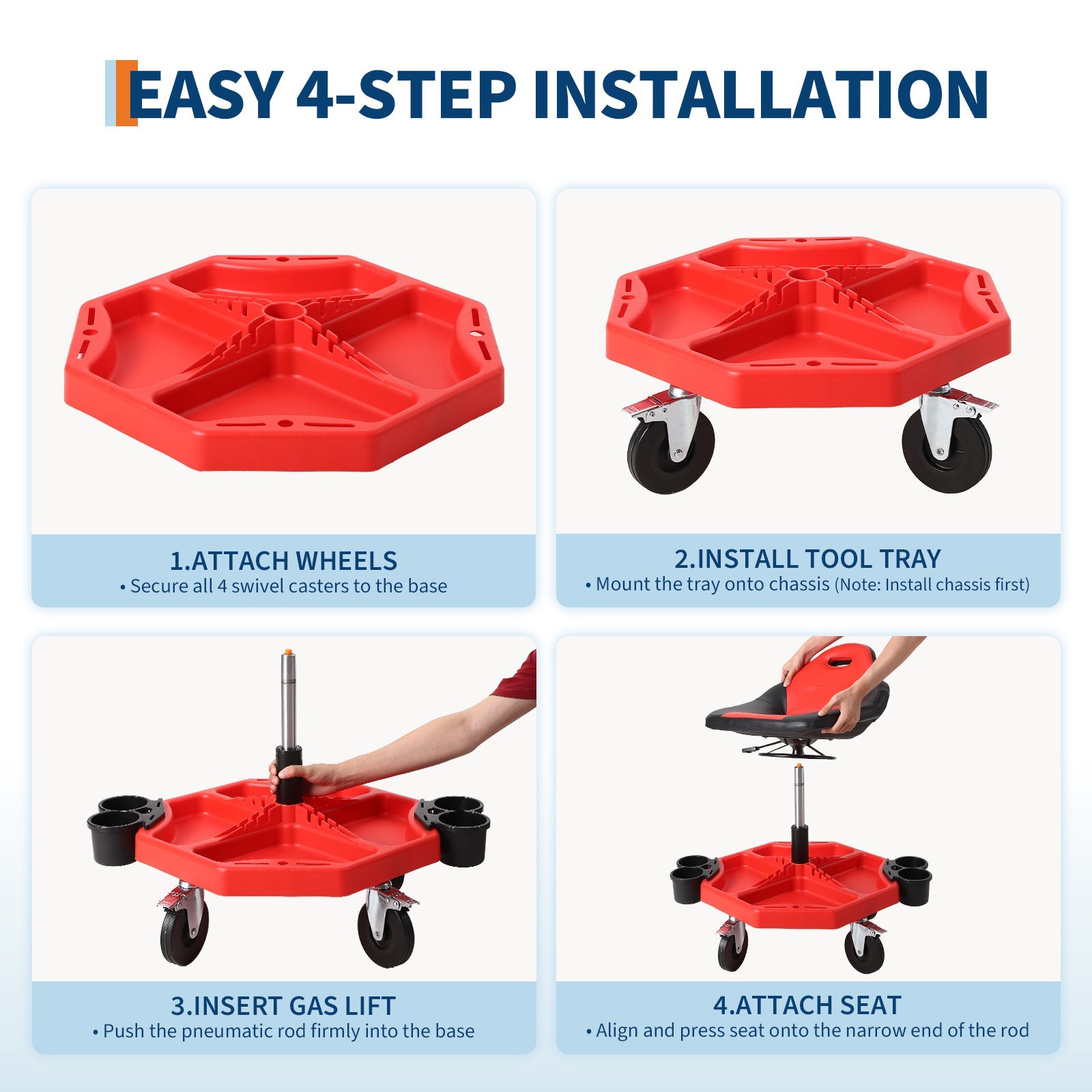 Garvee Rolling Mechanic Stool, 300 lbs Capacity, Height Adjustable 19''-24'' Soft Cushion Steel Frame Tool Tray Lockable Swivel Wheels Red Garage Workshop