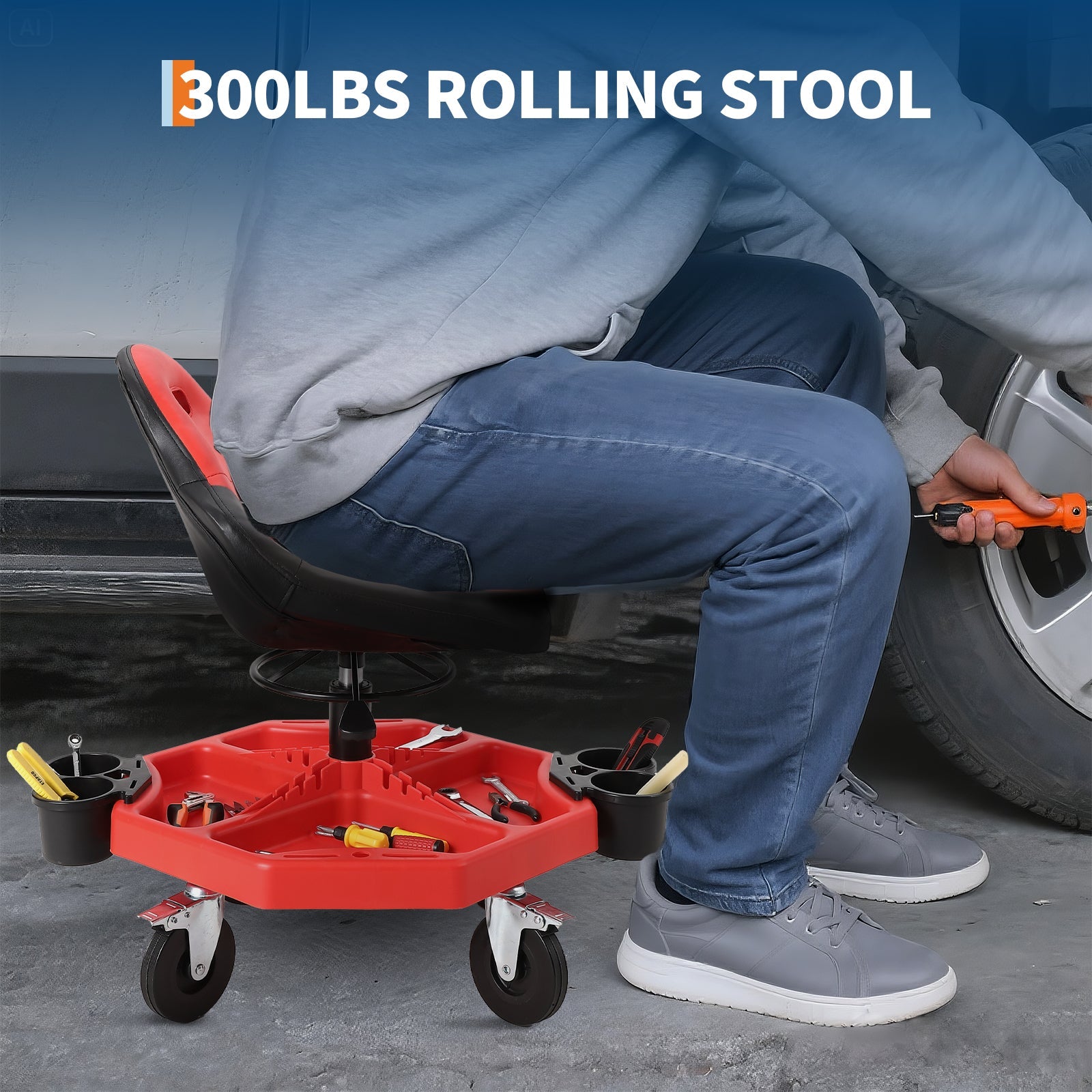 Garvee Rolling Mechanic Stool, 300 lbs Capacity, Height Adjustable 19''-24'' Soft Cushion Steel Frame Tool Tray Lockable Swivel Wheels Red Garage Workshop