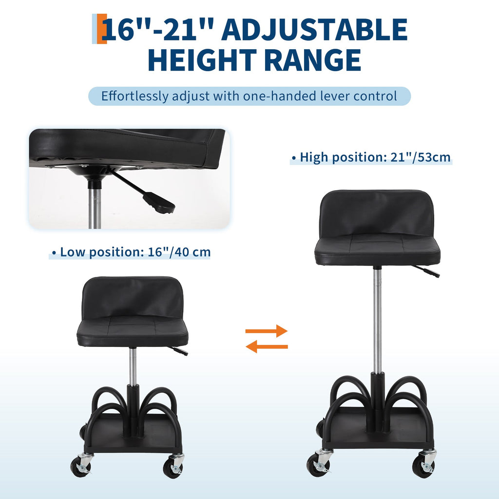 Garvee Rolling Mechanic Stool, 300 lbs Capacity, 16''-21'' Height Adjustable Soft Cushion Steel Frame Tool Tray 360° Lockable Wheels Black Workshop Garage