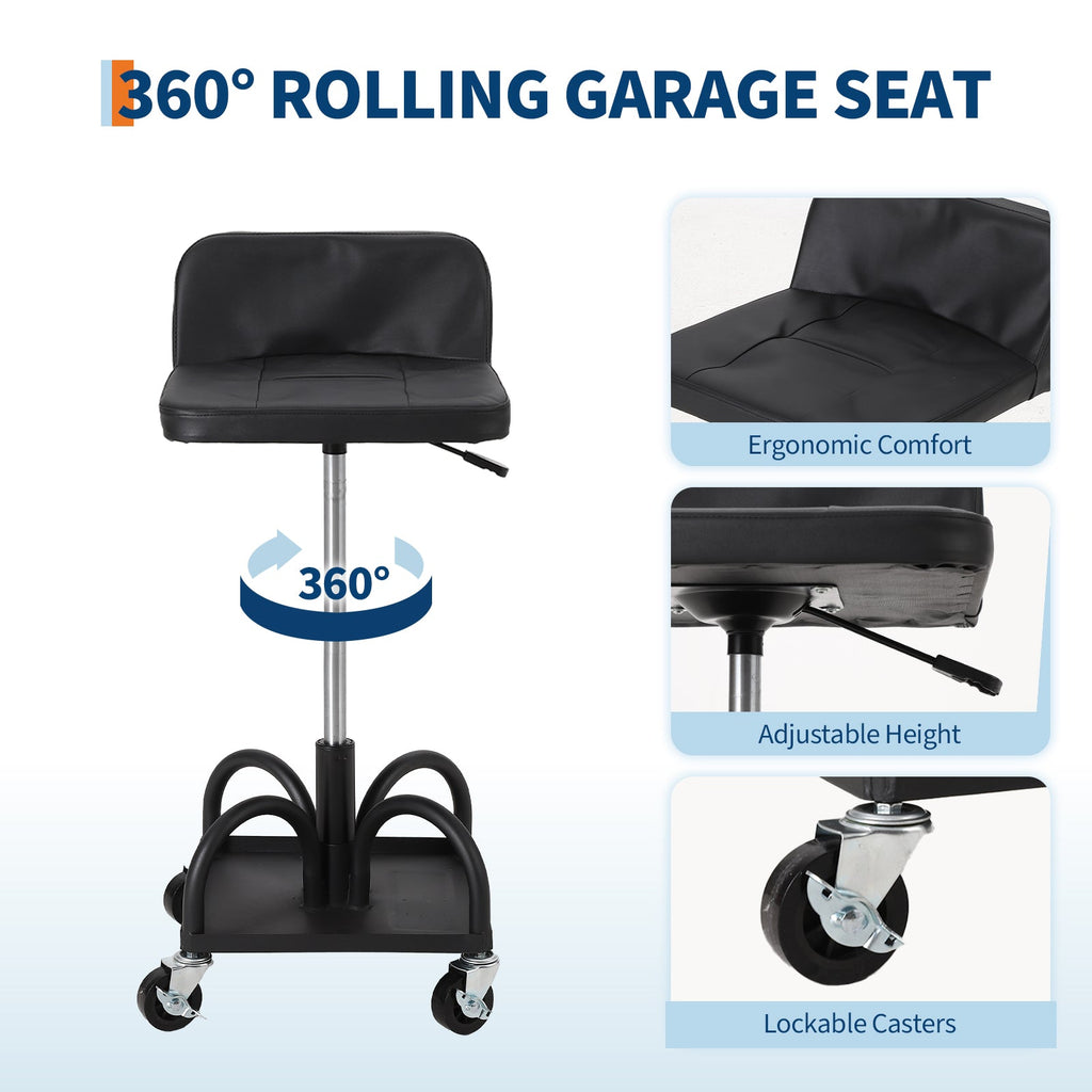 Garvee Rolling Mechanic Stool, 300 lbs Capacity, 16''-21'' Height Adjustable Soft Cushion Steel Frame Tool Tray 360° Lockable Wheels Black Workshop Garage