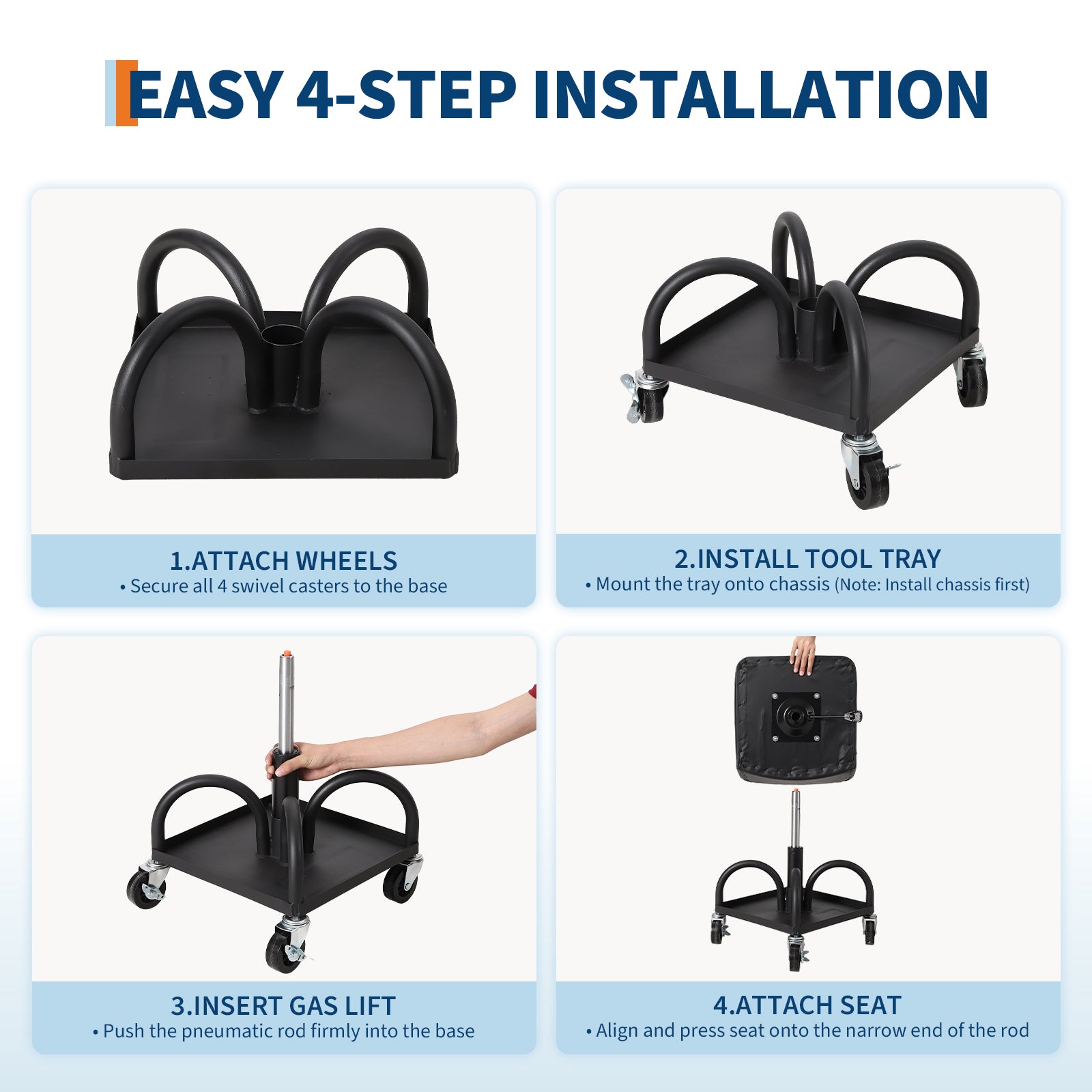Garvee Rolling Mechanic Stool, 300 lbs Capacity, 16''-21'' Height Adjustable Soft Cushion Steel Frame Tool Tray 360° Lockable Wheels Black Workshop Garage