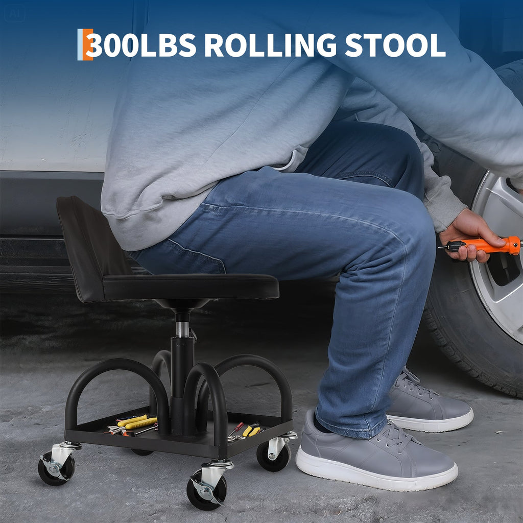 Garvee Rolling Mechanic Stool, 300 lbs Capacity, 16''-21'' Height Adjustable Soft Cushion Steel Frame Tool Tray 360° Lockable Wheels Black Workshop Garage