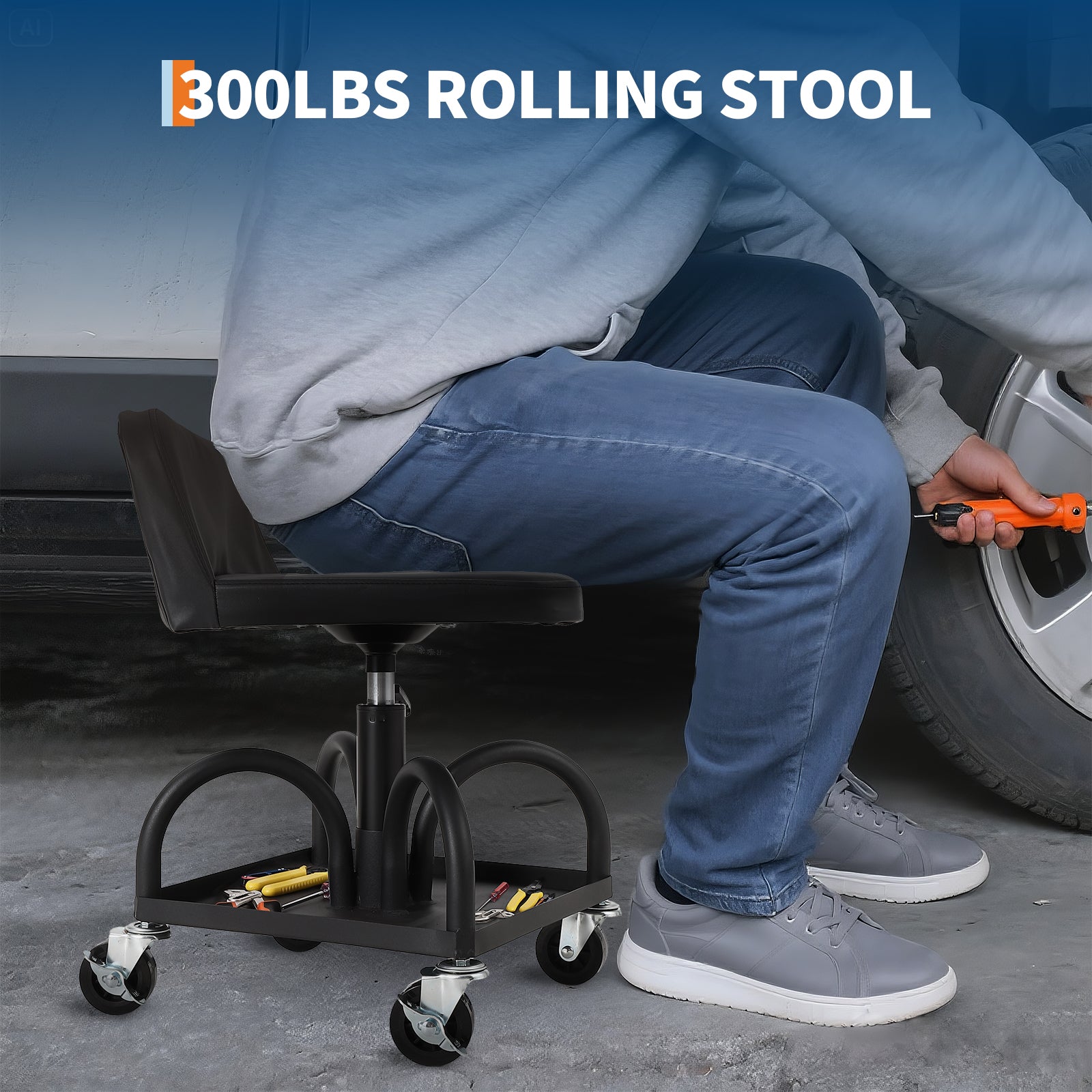 Garvee Rolling Mechanic Stool, 300 lbs Capacity, 16''-21'' Height Adjustable Soft Cushion Steel Frame Tool Tray 360° Lockable Wheels Black Workshop Garage