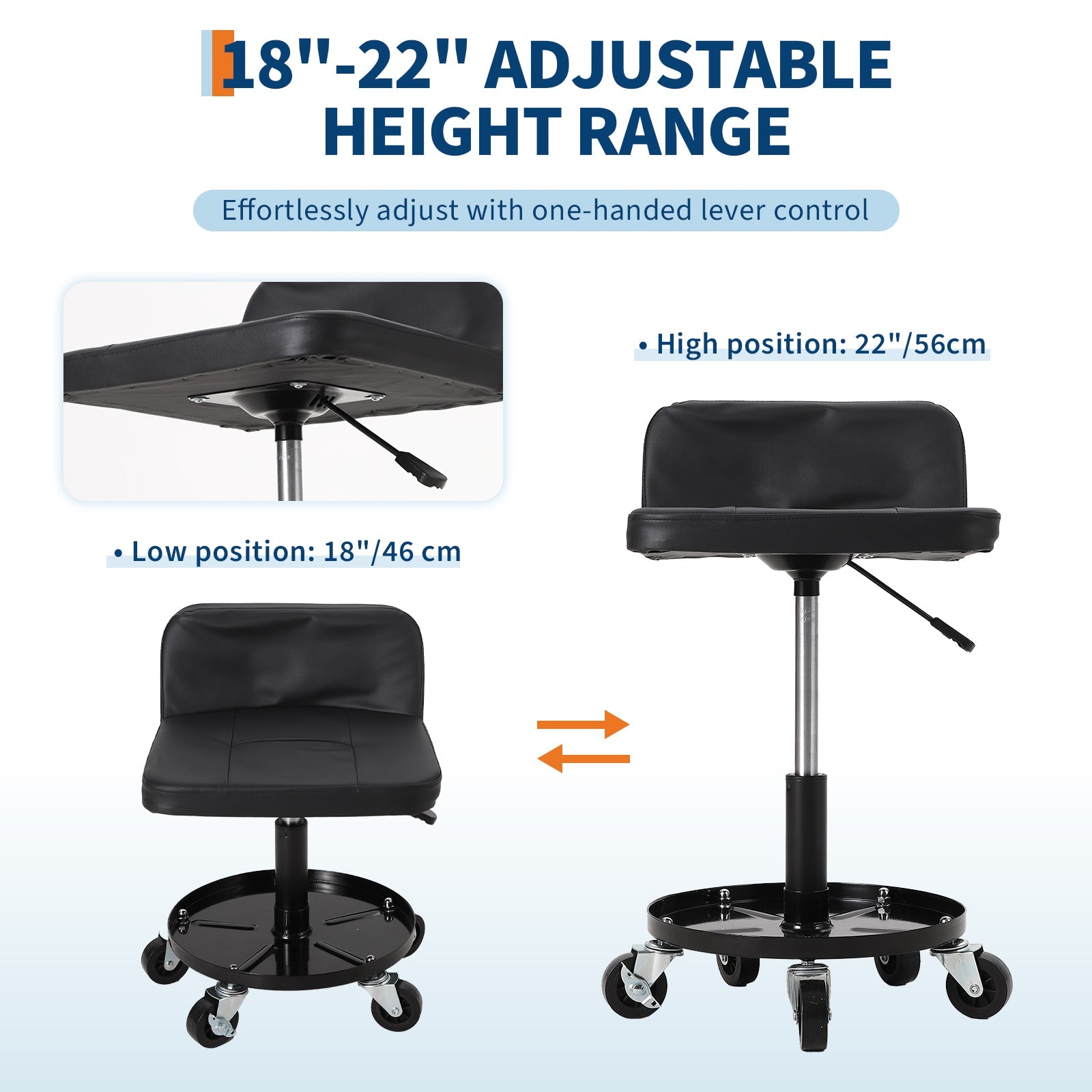 Garvee Rolling Mechanic Stool, 300 lbs Capacity, 18''-22'' Height Adjustable Soft Cushion Steel Frame 360° Lockable Wheels Tool Tray Garage Workshop, Black