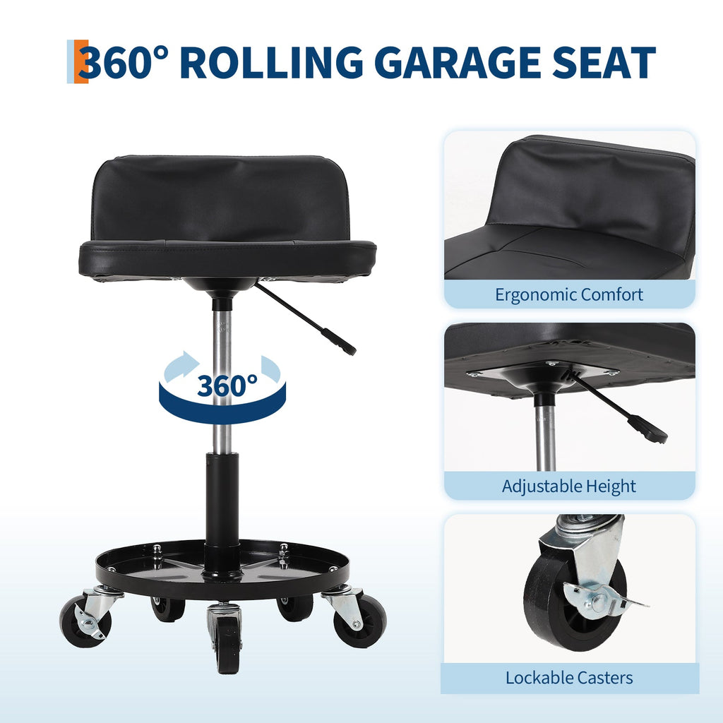 Garvee Rolling Mechanic Stool, 300 lbs Capacity, 18''-22'' Height Adjustable Soft Cushion Steel Frame 360° Lockable Wheels Tool Tray Garage Workshop, Black