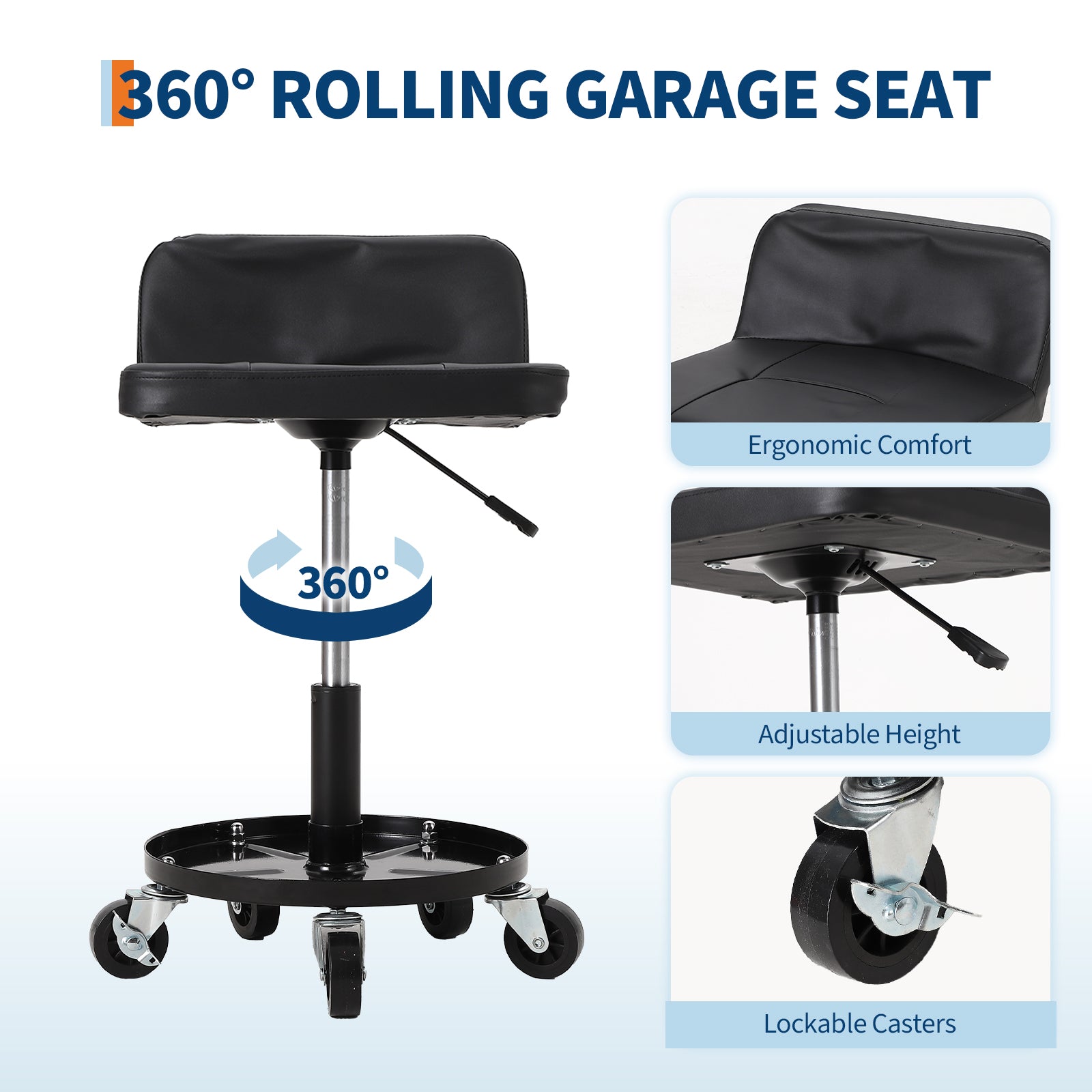 Garvee Rolling Mechanic Stool, 300 lbs Capacity, 18''-22'' Height Adjustable Soft Cushion Steel Frame 360° Lockable Wheels Tool Tray Garage Workshop, Black