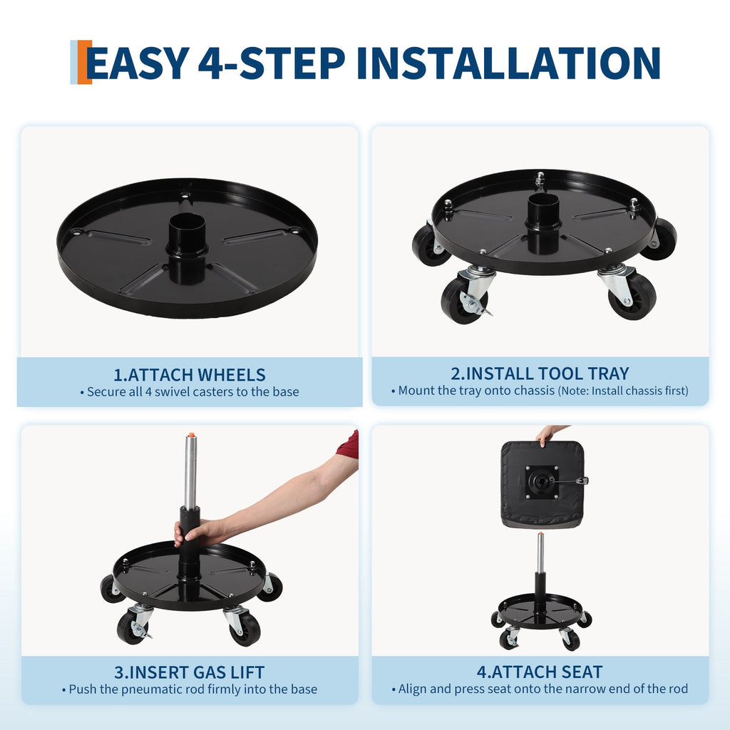 Garvee Rolling Mechanic Stool, 300 lbs Capacity, 18''-22'' Height Adjustable Soft Cushion Steel Frame 360° Lockable Wheels Tool Tray Garage Workshop, Black
