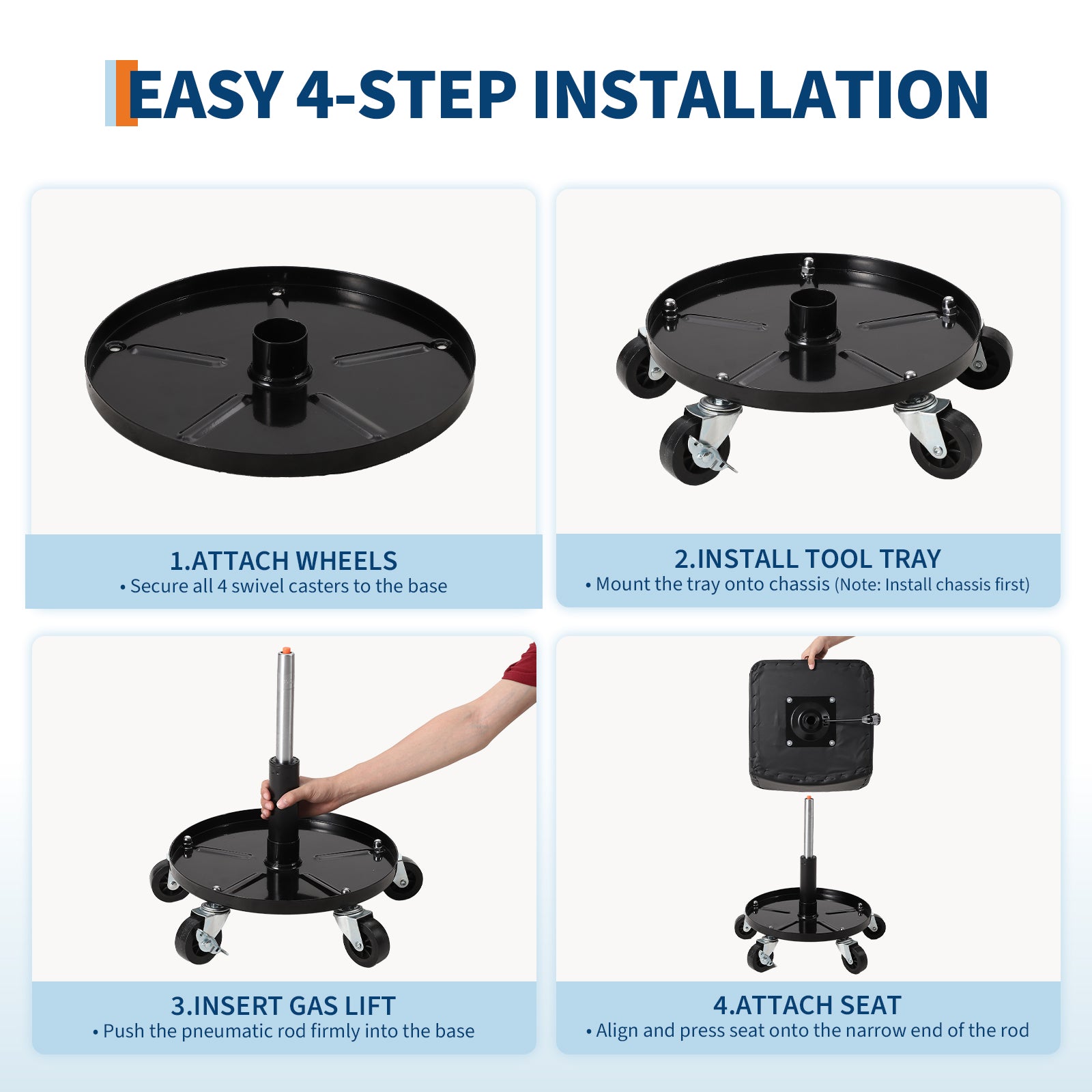 Garvee Rolling Mechanic Stool, 300 lbs Capacity, 18''-22'' Height Adjustable Soft Cushion Steel Frame 360° Lockable Wheels Tool Tray Garage Workshop, Black