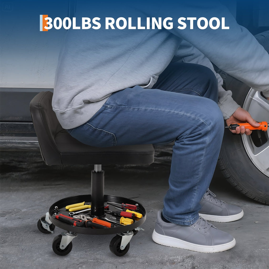 Garvee Rolling Mechanic Stool, 300 lbs Capacity, 18''-22'' Height Adjustable Soft Cushion Steel Frame 360° Lockable Wheels Tool Tray Garage Workshop, Black