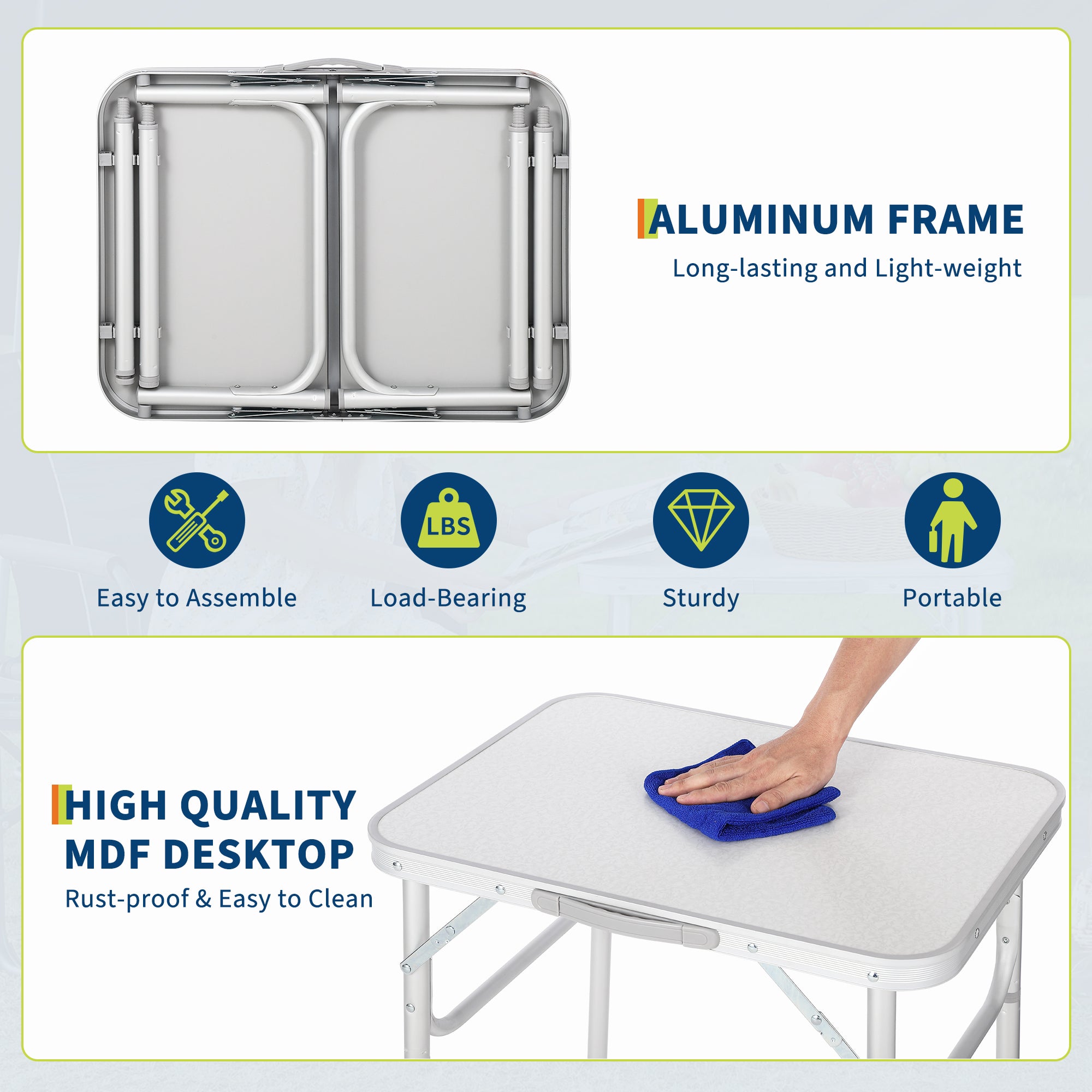 Garvee Aluminum Folding Camping Table 24x17 in Adjustable Height 9-23 in Lightweight Portable White