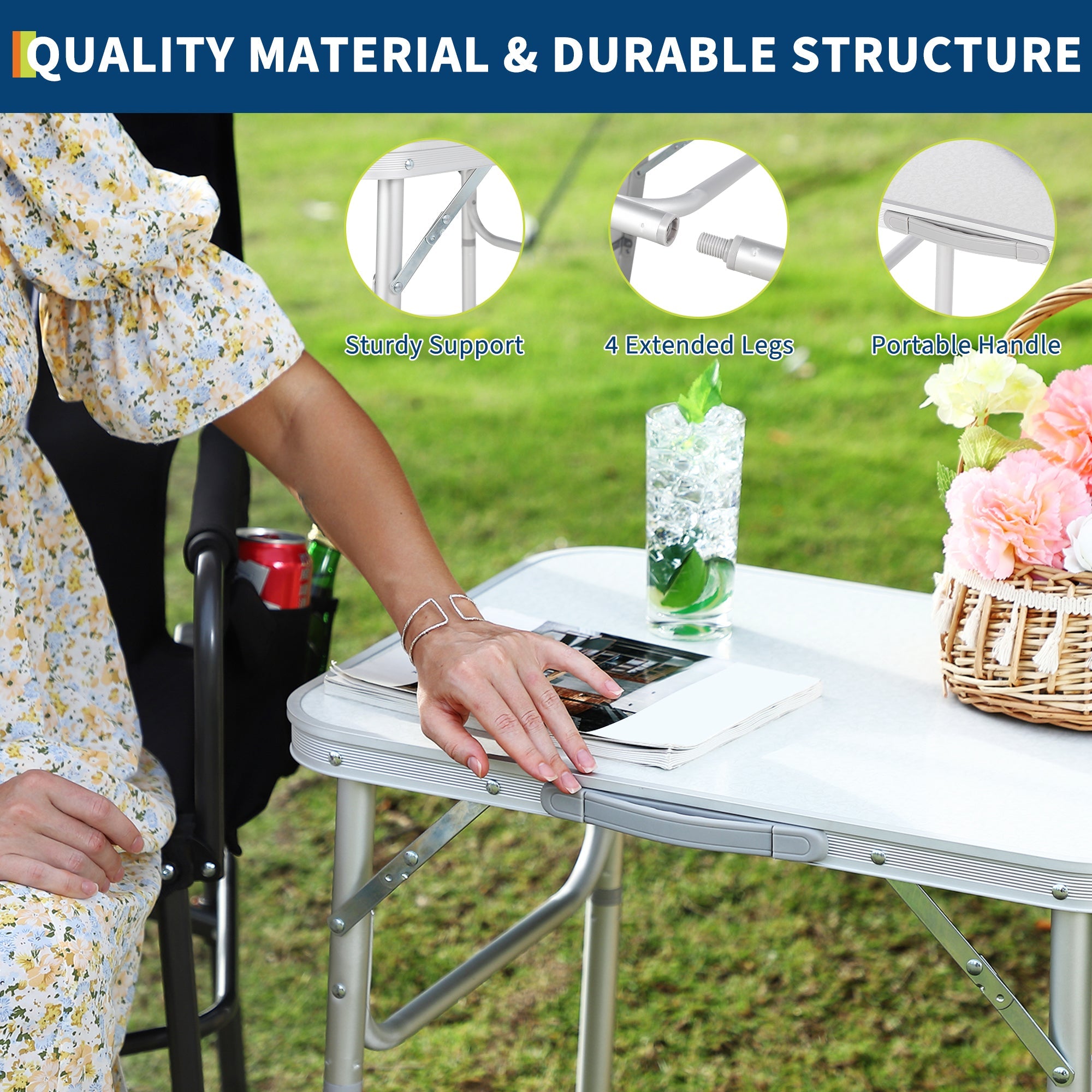 Garvee Aluminum Folding Camping Table 24x17 in Adjustable Height 9-23 in Lightweight Portable White
