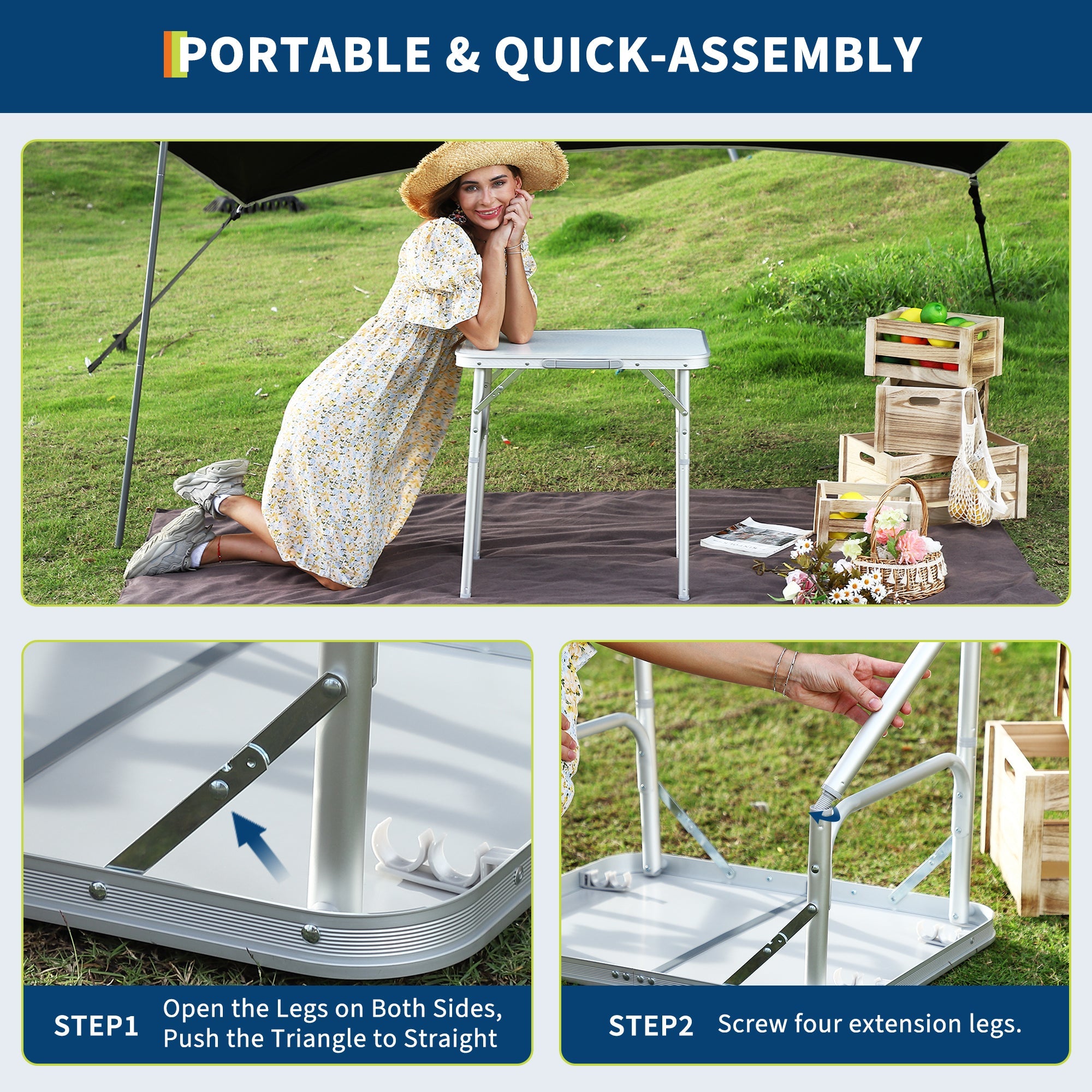 Garvee Aluminum Folding Camping Table 24x17 in Adjustable Height 9-23 in Lightweight Portable White