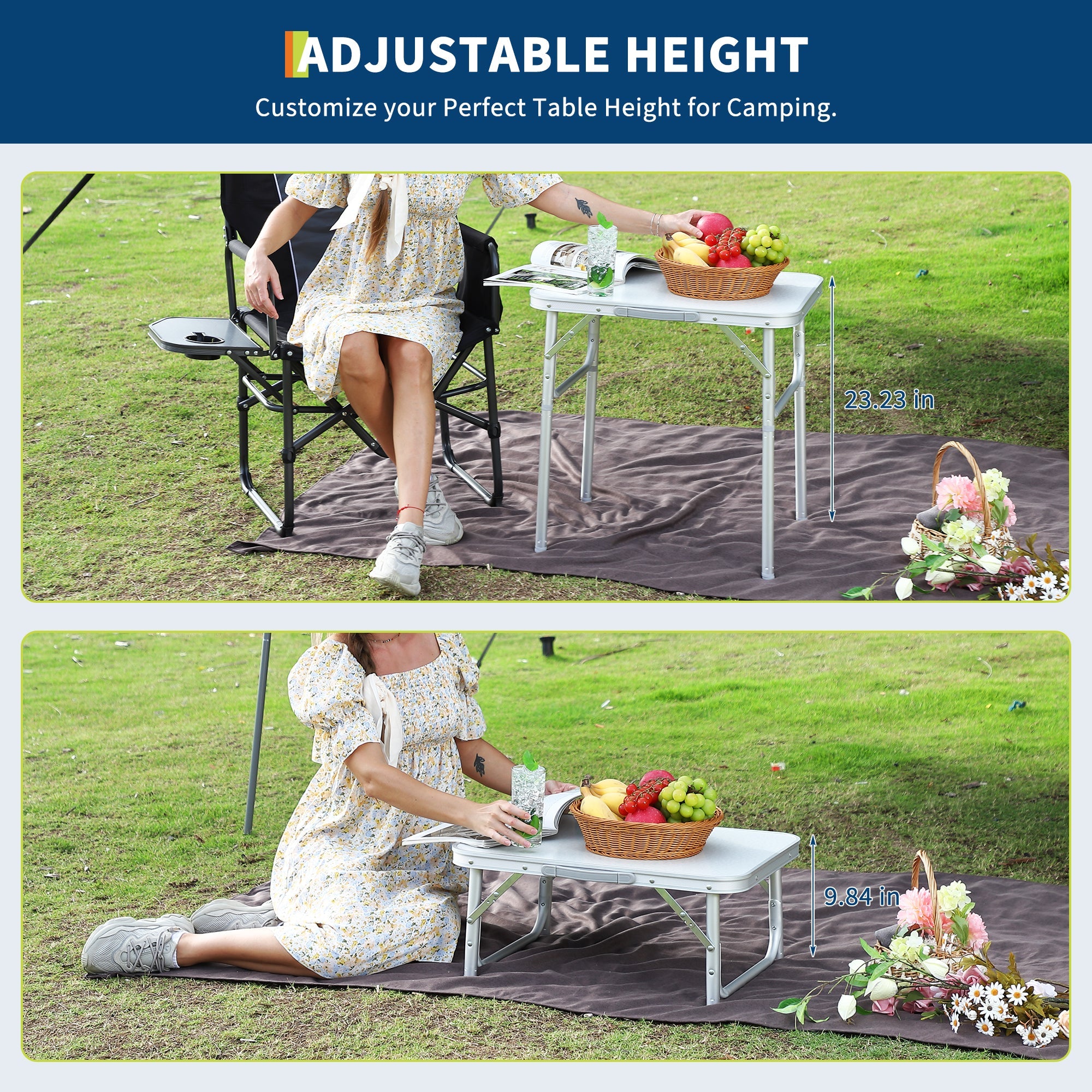 Garvee Aluminum Folding Camping Table 24x17 in Adjustable Height 9-23 in Lightweight Portable White