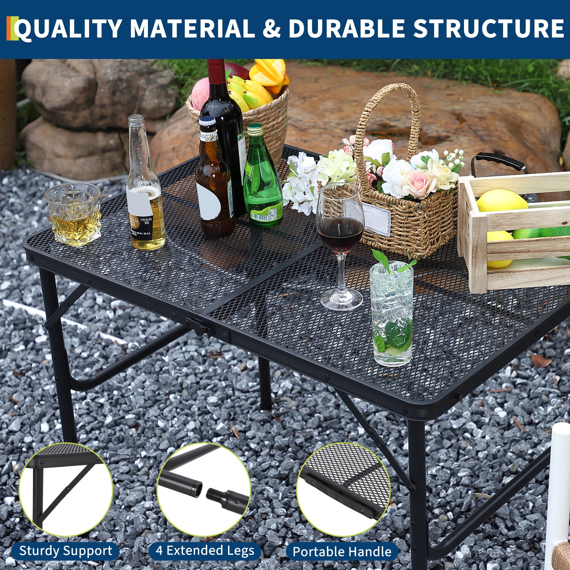 Garvee 35"x24 in Aluminum Folding Camping Table, Adjustable Height, Lightweight Portable Table, Black for Indoor/Outdoor, Beach, RV Trips