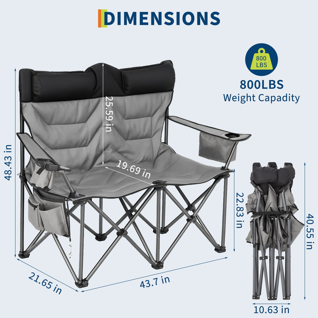 Garvee Heavy Duty Oversized Camping Chair for 2 Person, Folding Outdoor Chair with Cooler Pouch, Quad Lumbar Support, 700 LB Capacity