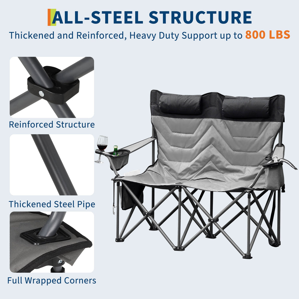 Garvee Heavy Duty Oversized Camping Chair for 2 Person, Folding Outdoor Chair with Cooler Pouch, Quad Lumbar Support, 700 LB Capacity