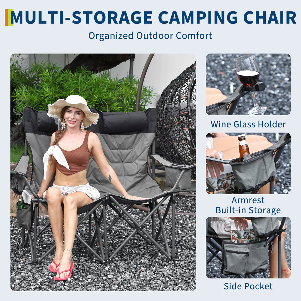 Garvee Heavy Duty Oversized Camping Chair for 2 Person, Folding Outdoor Chair with Cooler Pouch, Quad Lumbar Support, 700 LB Capacity