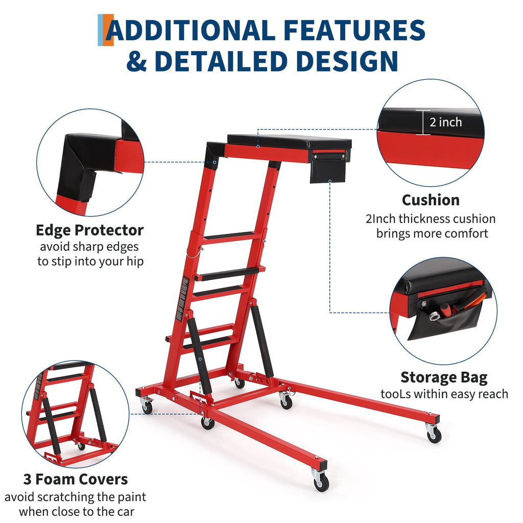 Garvee Automotive Engine Creeper Adjustable Height 48-66" Heavy Duty Steel 400LBS Capacity Foldable 6 Swivel Wheels Thick Cushion Tool Pouch for Garage