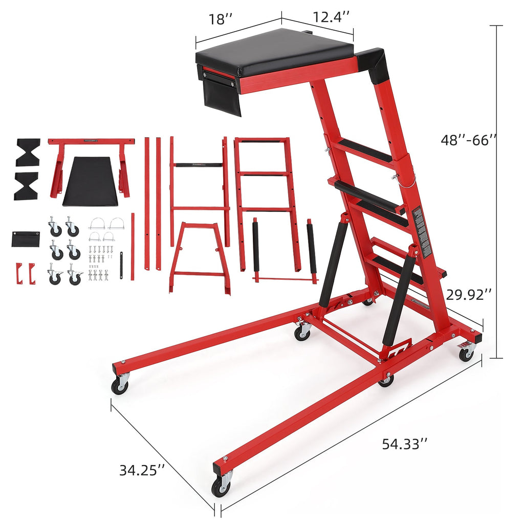 Garvee Automotive Engine Creeper Adjustable Height 48-66" Heavy Duty Steel 400LBS Capacity Foldable 6 Swivel Wheels Thick Cushion Tool Pouch for Garage