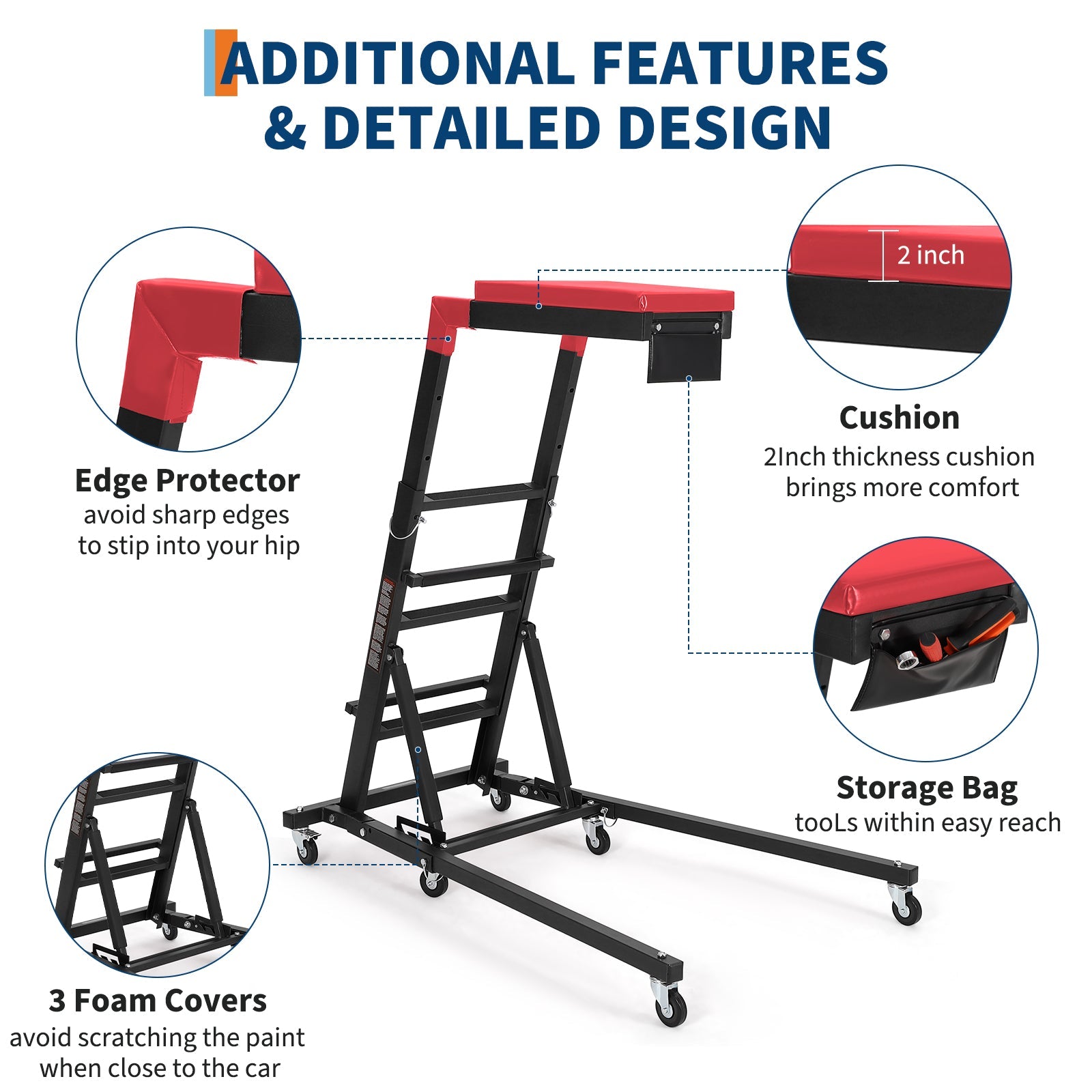 Garvee Automotive Engine Creeper, 48-66" Adjustable Height, Foldable Steel Frame Thick Cushion 6 Swivel Wheels Tool Pouch for Car Repair, Black