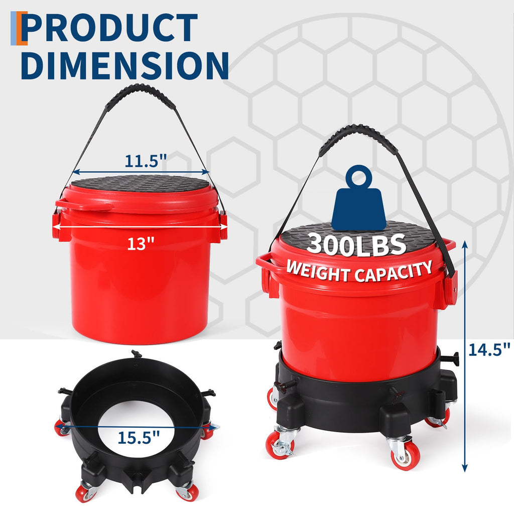 Garvee 4 Gallon Car Wash Bucket Kit 300 lbs Capacity Grit Trap & 360° Dolly PP Material Rubber Handle Lid for Auto Detailing