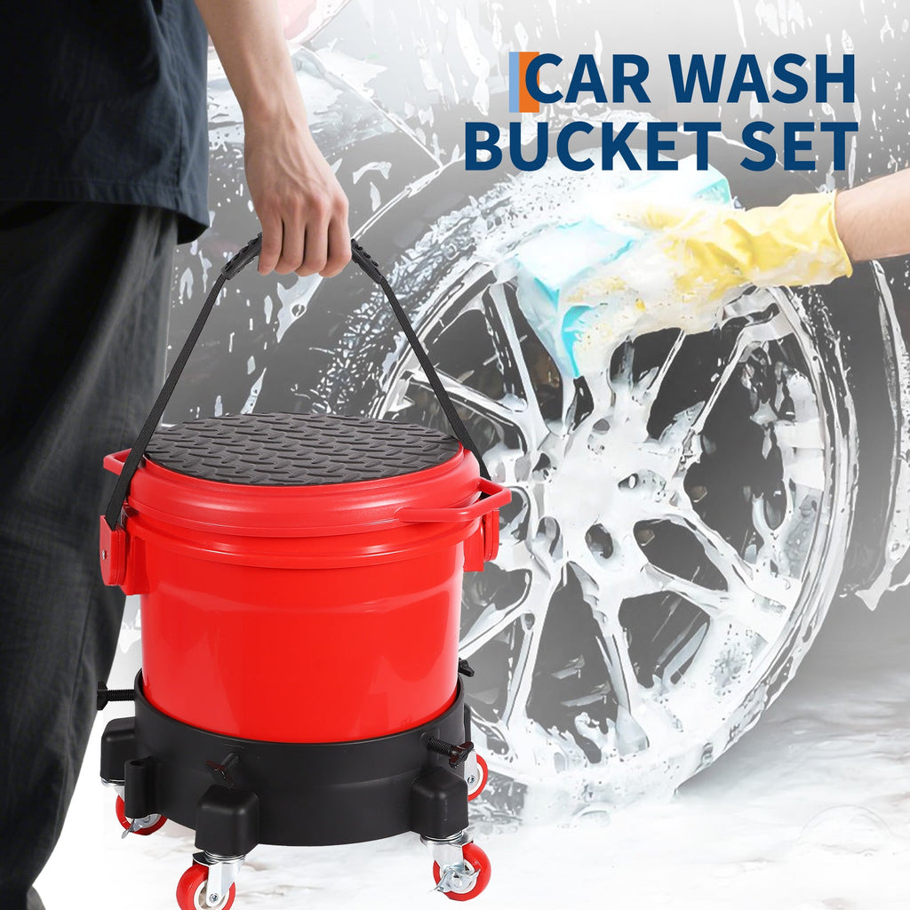 Garvee 4 Gallon Car Wash Bucket Kit 300 lbs Capacity Grit Trap & 360° Dolly PP Material Rubber Handle Lid for Auto Detailing