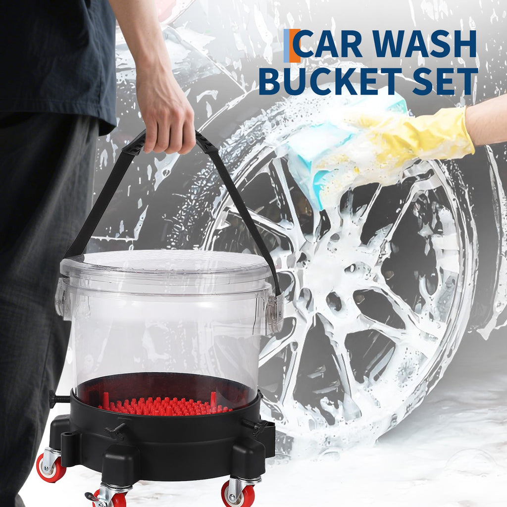 Garvee 4 Gallon Car Wash Bucket Kit with Grit Trap & 5-Caster Dolly, Heavy-Duty PP, Rubber Handle & Lid, Adjustable Fit 9-11.5", Professional Auto Detailing