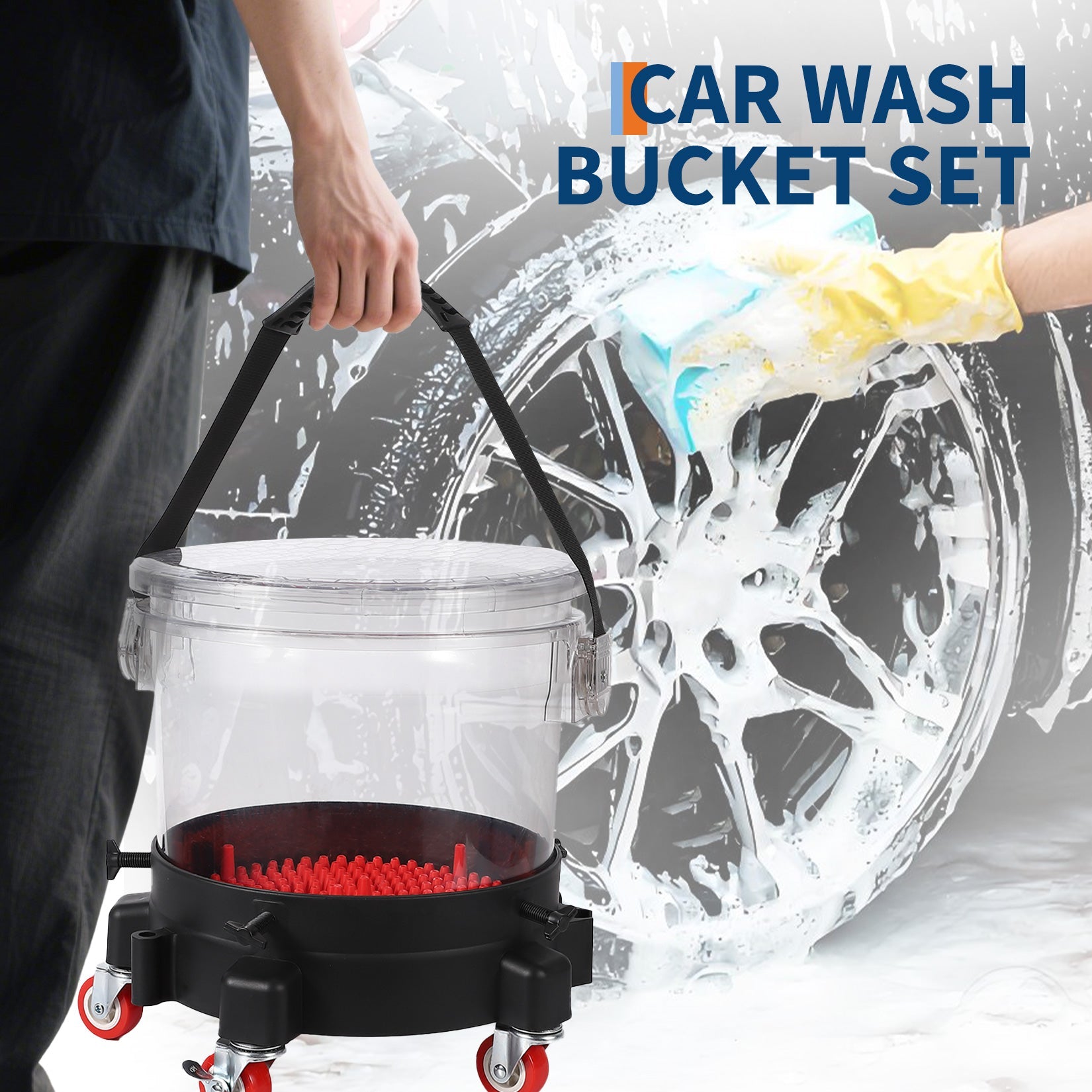 Garvee 4 Gallon Car Wash Bucket Kit with Grit Trap & 5-Caster Dolly, Heavy-Duty PP, Rubber Handle & Lid, Adjustable Fit 9-11.5", Professional Auto Detailing