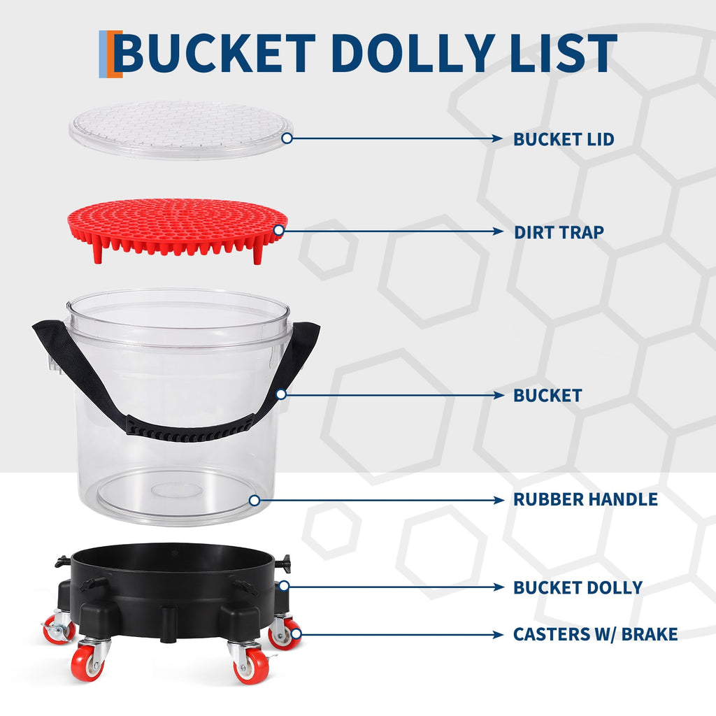 Garvee 4 Gallon Car Wash Bucket Kit with Grit Trap & 5-Caster Dolly, Heavy-Duty PP, Rubber Handle & Lid, Adjustable Fit 9-11.5", Professional Auto Detailing