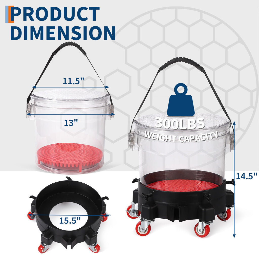Garvee 4 Gallon Car Wash Bucket Kit with Grit Trap & 5-Caster Dolly, Heavy-Duty PP, Rubber Handle & Lid, Adjustable Fit 9-11.5", Professional Auto Detailing