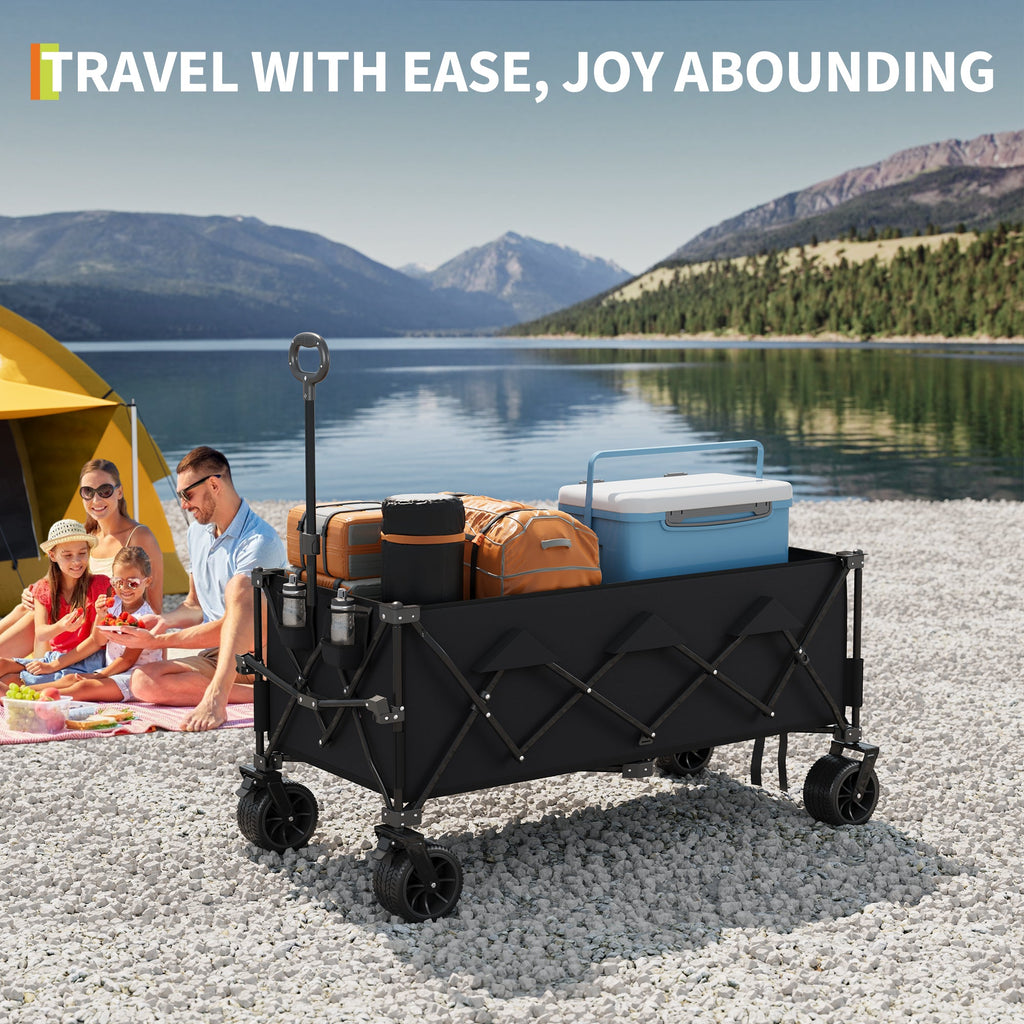 Garvee Heavy Duty Utility Beach Wagon Cart - Collapsible Wagon Beach with All Terrain Wheels, Extra Long WagonCart, Foldable with Cup Holders for Sand