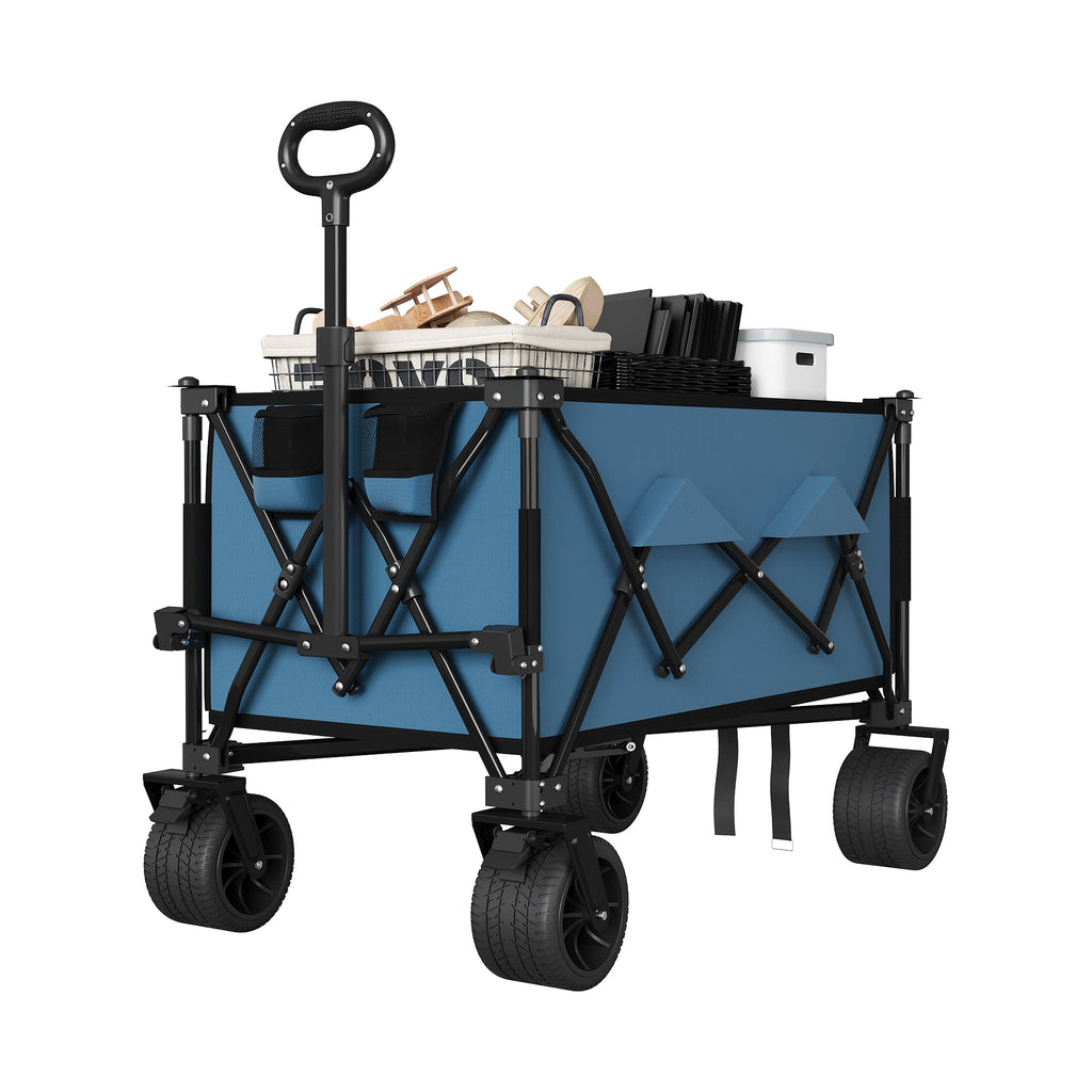 Garvee Collapsible Wagon Cart with 7" × 4" All-Terrain Wheels, 350 lb Capacity, 280 L Foldable Utility Wagon with Brakes & Cup Holders, Blue