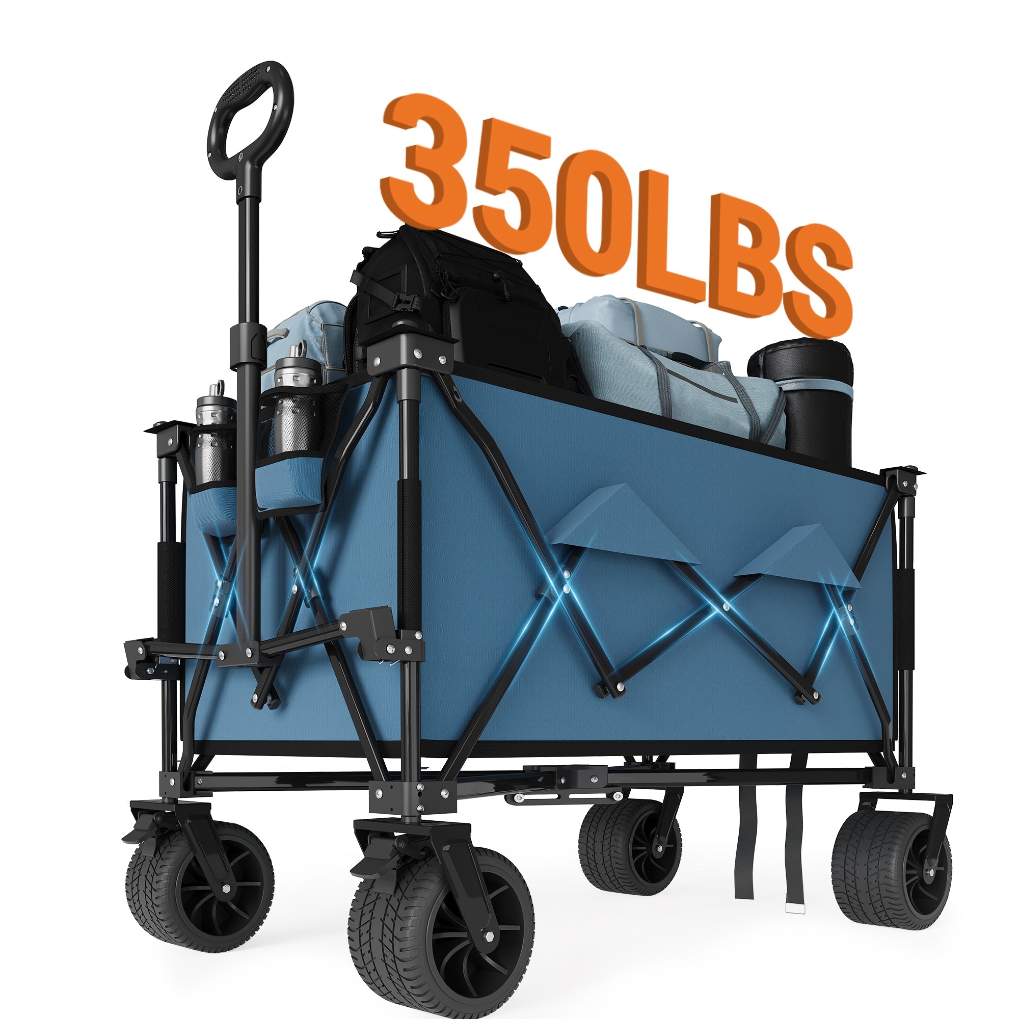 Garvee Collapsible Wagon Cart with 7" × 4" All-Terrain Wheels, 350 lb Capacity, 280 L Foldable Utility Wagon with Brakes & Cup Holders, Blue