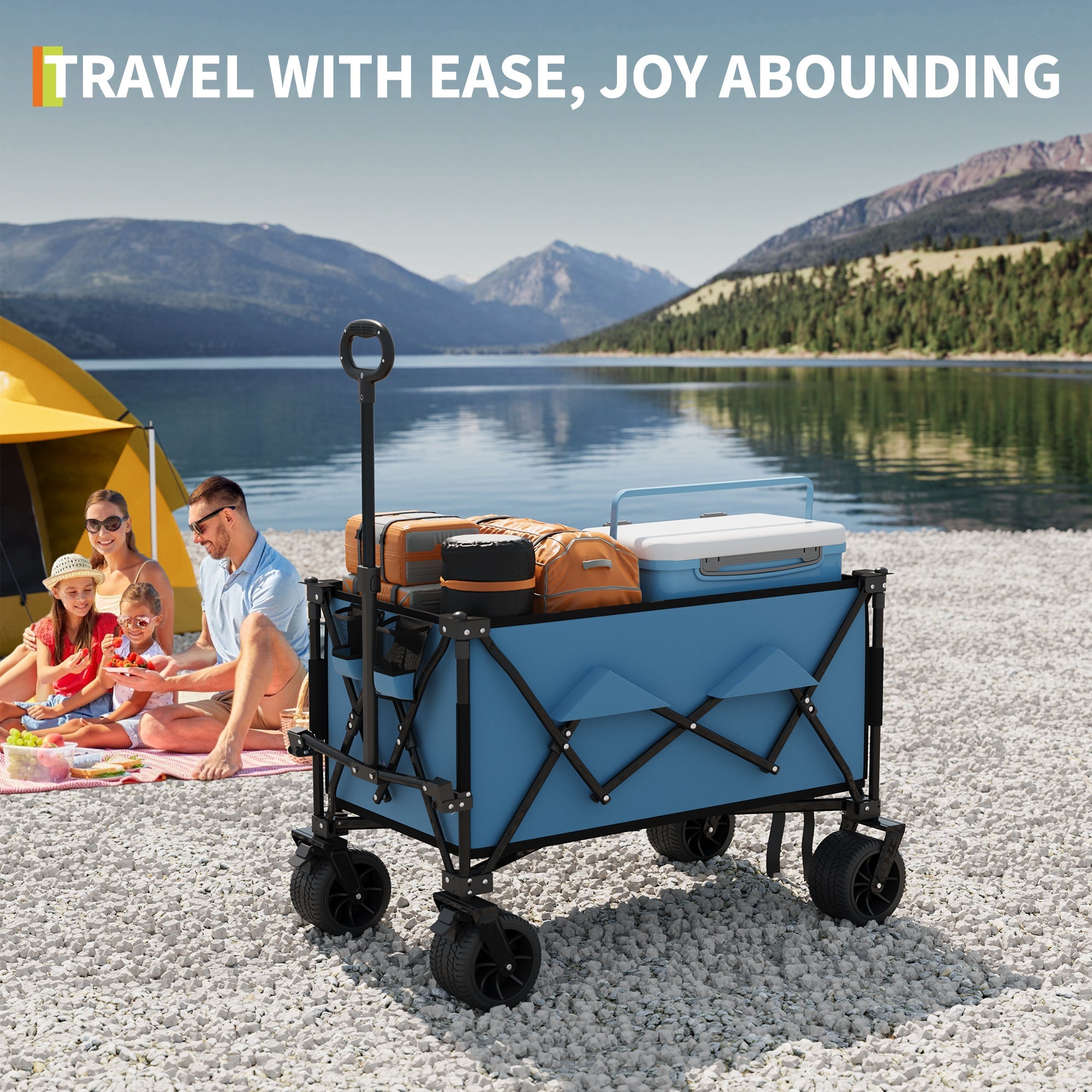 Garvee Collapsible Wagon Cart with 7" × 4" All-Terrain Wheels, 350 lb Capacity, 280 L Foldable Utility Wagon with Brakes & Cup Holders, Blue