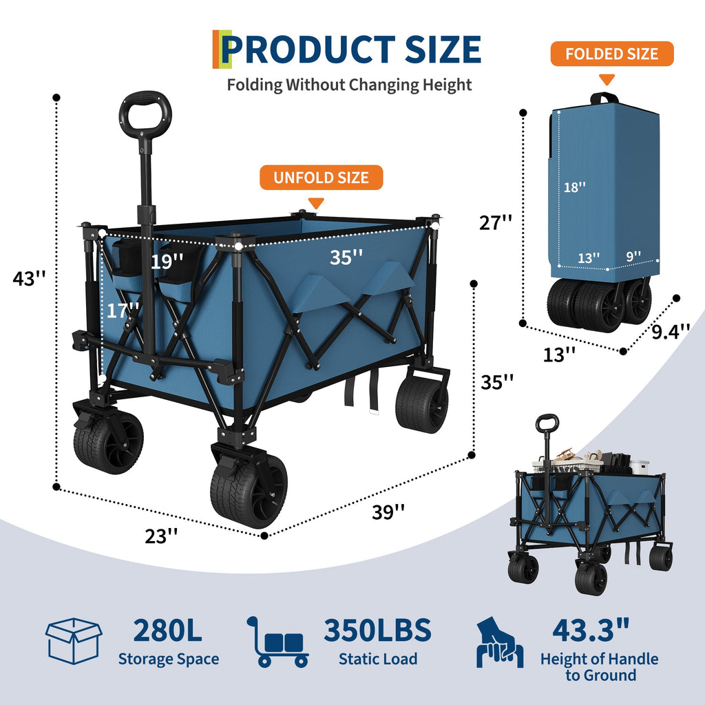 Garvee Collapsible Wagon Cart with 7" × 4" All-Terrain Wheels, 350 lb Capacity, 280 L Foldable Utility Wagon with Brakes & Cup Holders, Blue