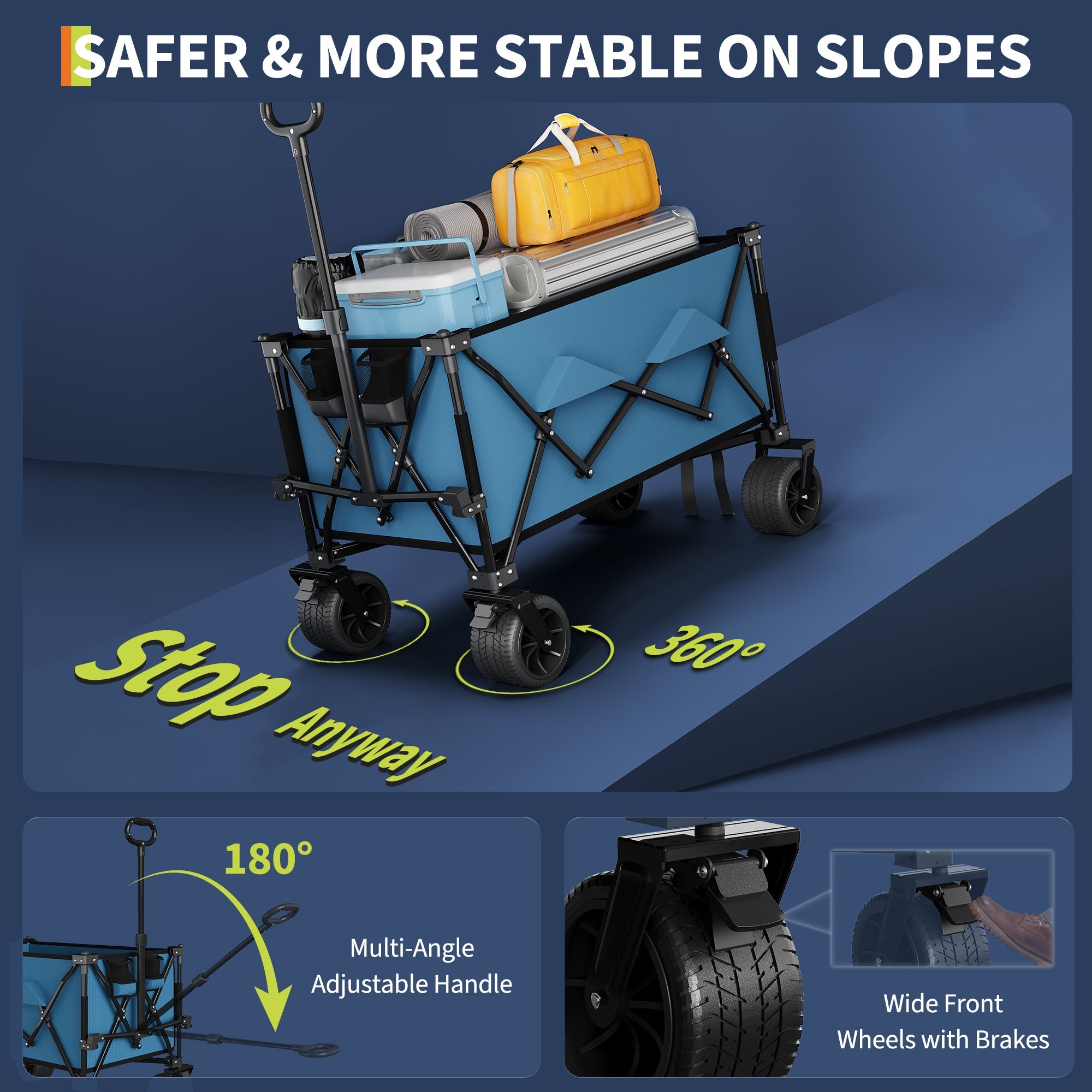 Garvee Collapsible Wagon Cart with 7" × 4" All-Terrain Wheels, 350 lb Capacity, 280 L Foldable Utility Wagon with Brakes & Cup Holders, Blue