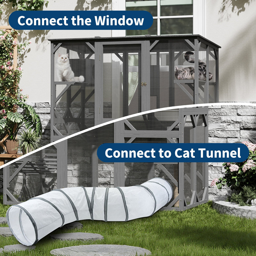 Garvee 70" Large Wooden Cat Cage with Roof, Multi-Level Cat House with 4 Platforms, Hammock & Scratching Post, Cats Enclosure Window Access for Outdoor & Indoor