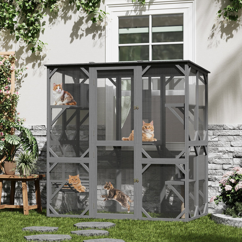 Garvee 70" Large Wooden Cat Cage with Roof, Multi-Level Cat House with 4 Platforms, Hammock & Scratching Post, Cats Enclosure Window Access for Outdoor & Indoor