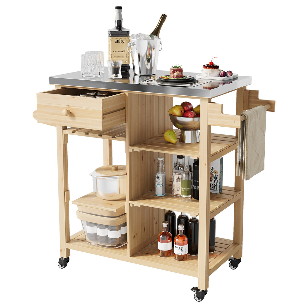 Garvee Sturdy Wood Outdoor Grill Cart for Patio and Garden – Stainless Steel Top, Storage Cabinet, Drawer, Open Shelves, Portable Rolling Kitchen Island and Prep Table with Lockable Wheels – Sturdy Wood Color