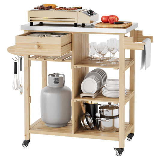 Garvee Sturdy Wood Outdoor Grill Cart for Patio and Garden – Stainless Steel Top, Storage Cabinet, Drawer, Open Shelves, Portable Rolling Kitchen Island and Prep Table with Lockable Wheels – Sturdy Wood Color