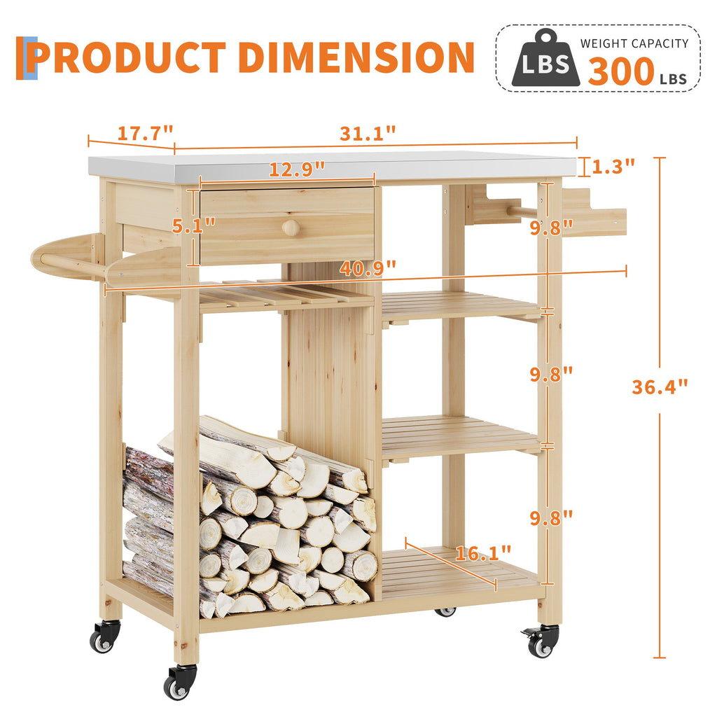 Garvee Sturdy Wood Outdoor Grill Cart for Patio and Garden – Stainless Steel Top, Storage Cabinet, Drawer, Open Shelves, Portable Rolling Kitchen Island and Prep Table with Lockable Wheels – Sturdy Wood Color