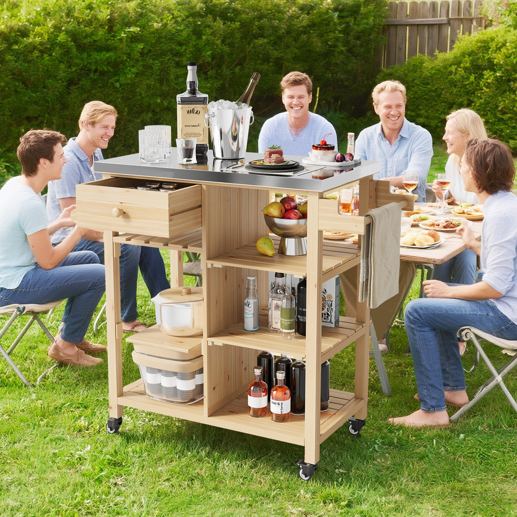 Garvee Sturdy Wood Outdoor Grill Cart for Patio and Garden – Stainless Steel Top, Storage Cabinet, Drawer, Open Shelves, Portable Rolling Kitchen Island and Prep Table with Lockable Wheels – Sturdy Wood Color