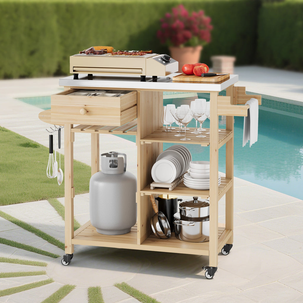 Garvee Sturdy Wood Outdoor Grill Cart for Patio and Garden – Stainless Steel Top, Storage Cabinet, Drawer, Open Shelves, Portable Rolling Kitchen Island and Prep Table with Lockable Wheels – Sturdy Wood Color