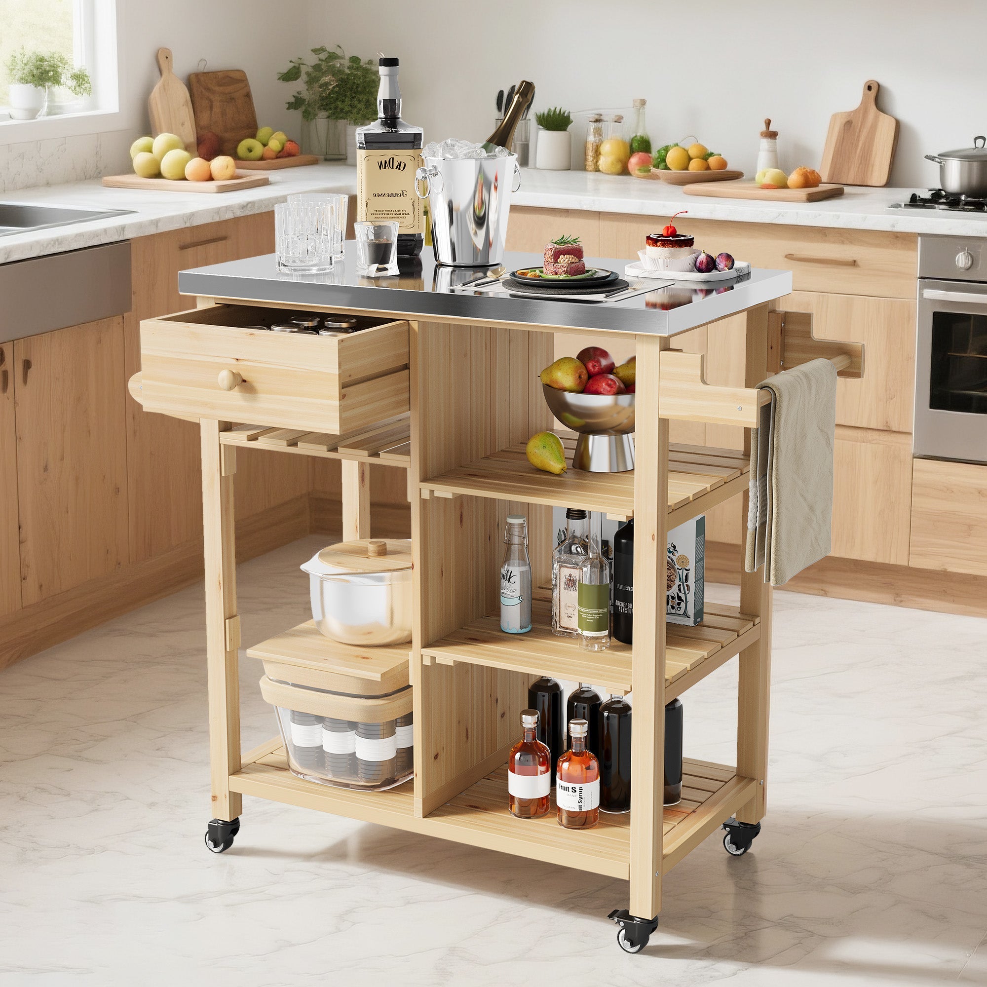Garvee Sturdy Wood Outdoor Grill Cart for Patio and Garden – Stainless Steel Top, Storage Cabinet, Drawer, Open Shelves, Portable Rolling Kitchen Island and Prep Table with Lockable Wheels – Sturdy Wood Color