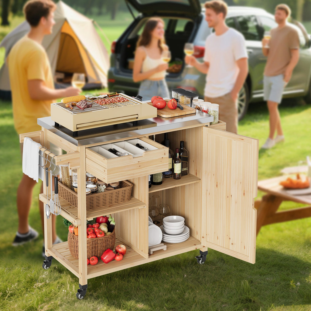Garvee Portable Sturdy Wood Outdoor Grill Cart Kitchen Island – Stainless Steel Top, Wheels, Drawer, Spice Rack, Open Shelves – Rolling BBQ Prep Table for Patio, Backyard, Garden – Color: Sturdy Wood