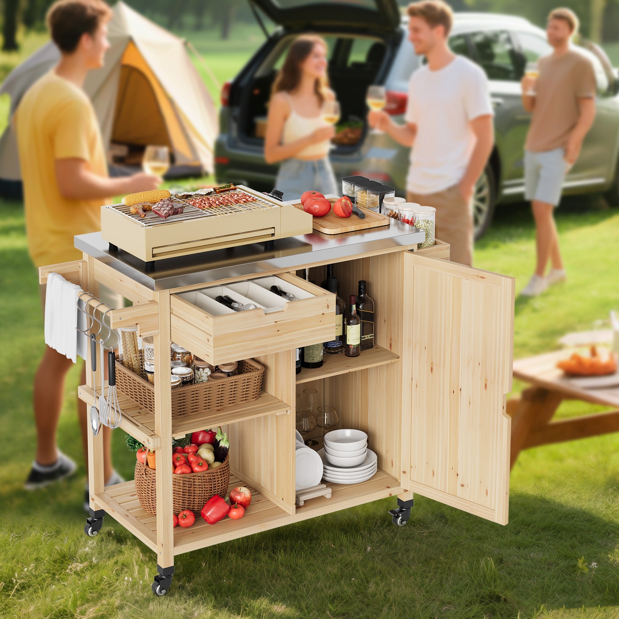 Garvee Portable Sturdy Wood Outdoor Grill Cart Kitchen Island – Stainless Steel Top, Wheels, Drawer, Spice Rack, Open Shelves – Rolling BBQ Prep Table for Patio, Backyard, Garden – Color: Sturdy Wood