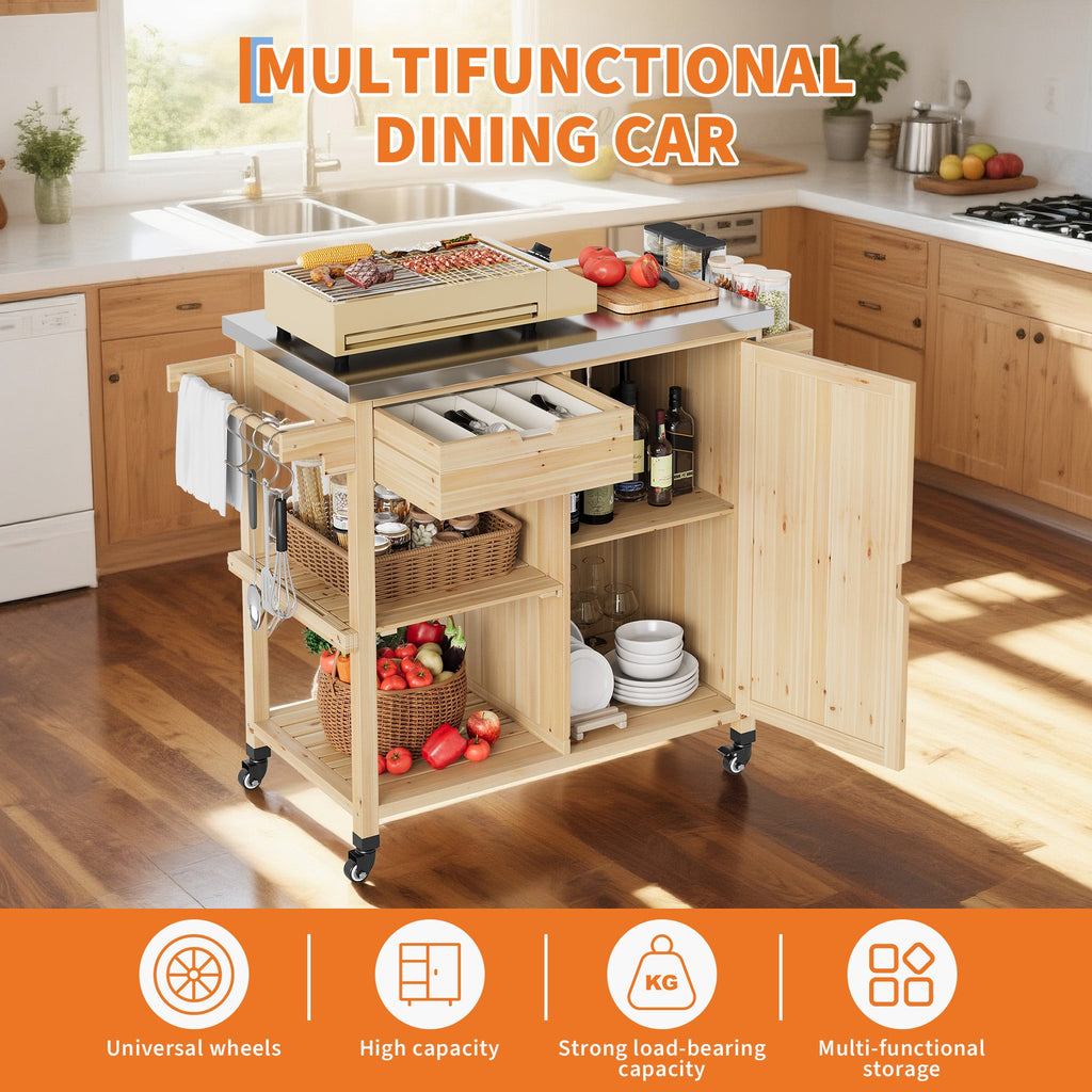 Garvee Portable Sturdy Wood Outdoor Grill Cart Kitchen Island – Stainless Steel Top, Wheels, Drawer, Spice Rack, Open Shelves – Rolling BBQ Prep Table for Patio, Backyard, Garden – Color: Sturdy Wood