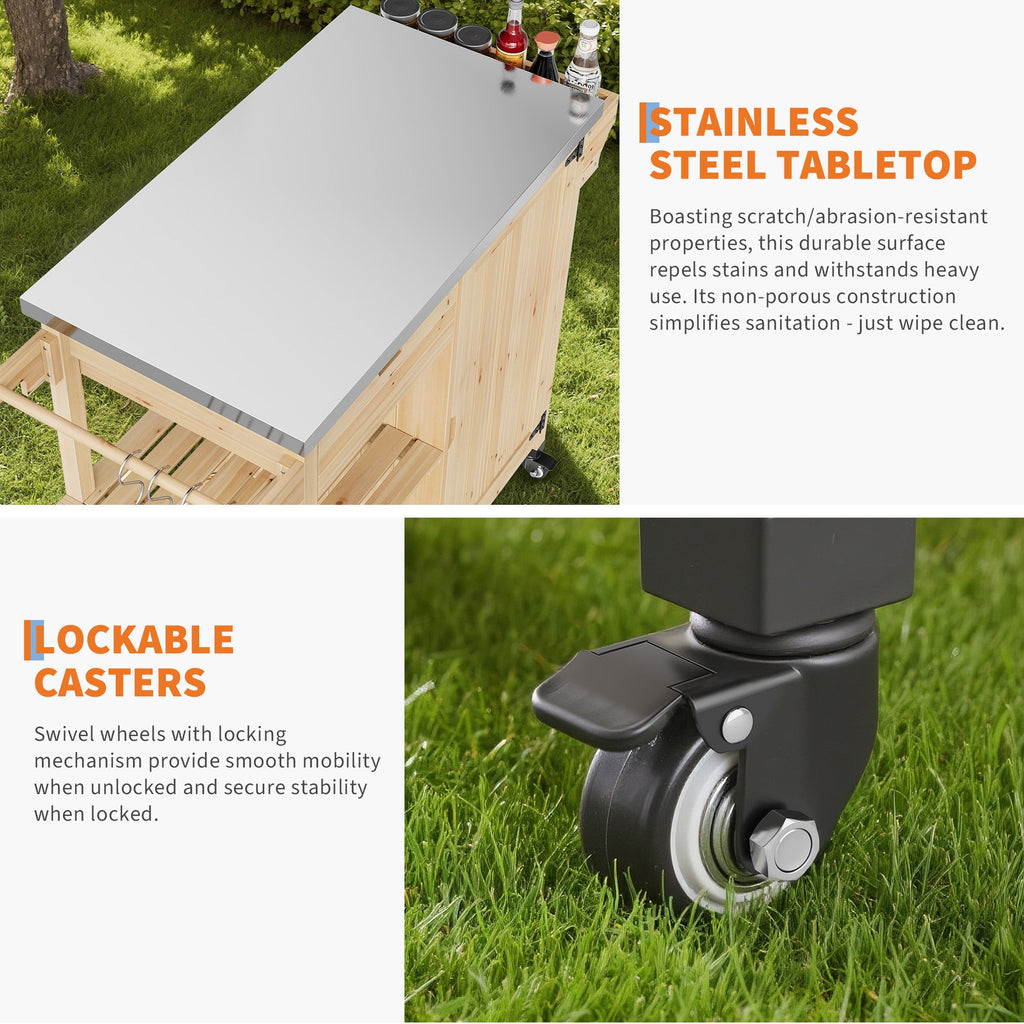 Garvee Portable Sturdy Wood Outdoor Grill Cart Kitchen Island – Stainless Steel Top, Wheels, Drawer, Spice Rack, Open Shelves – Rolling BBQ Prep Table for Patio, Backyard, Garden – Color: Sturdy Wood