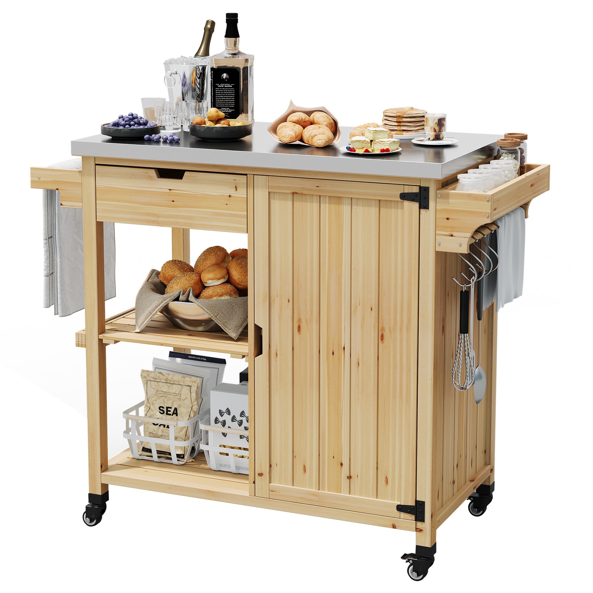 Garvee Portable Sturdy Wood Outdoor Grill Cart Kitchen Island – Stainless Steel Top, Wheels, Drawer, Spice Rack, Open Shelves – Rolling BBQ Prep Table for Patio, Backyard, Garden – Color: Sturdy Wood
