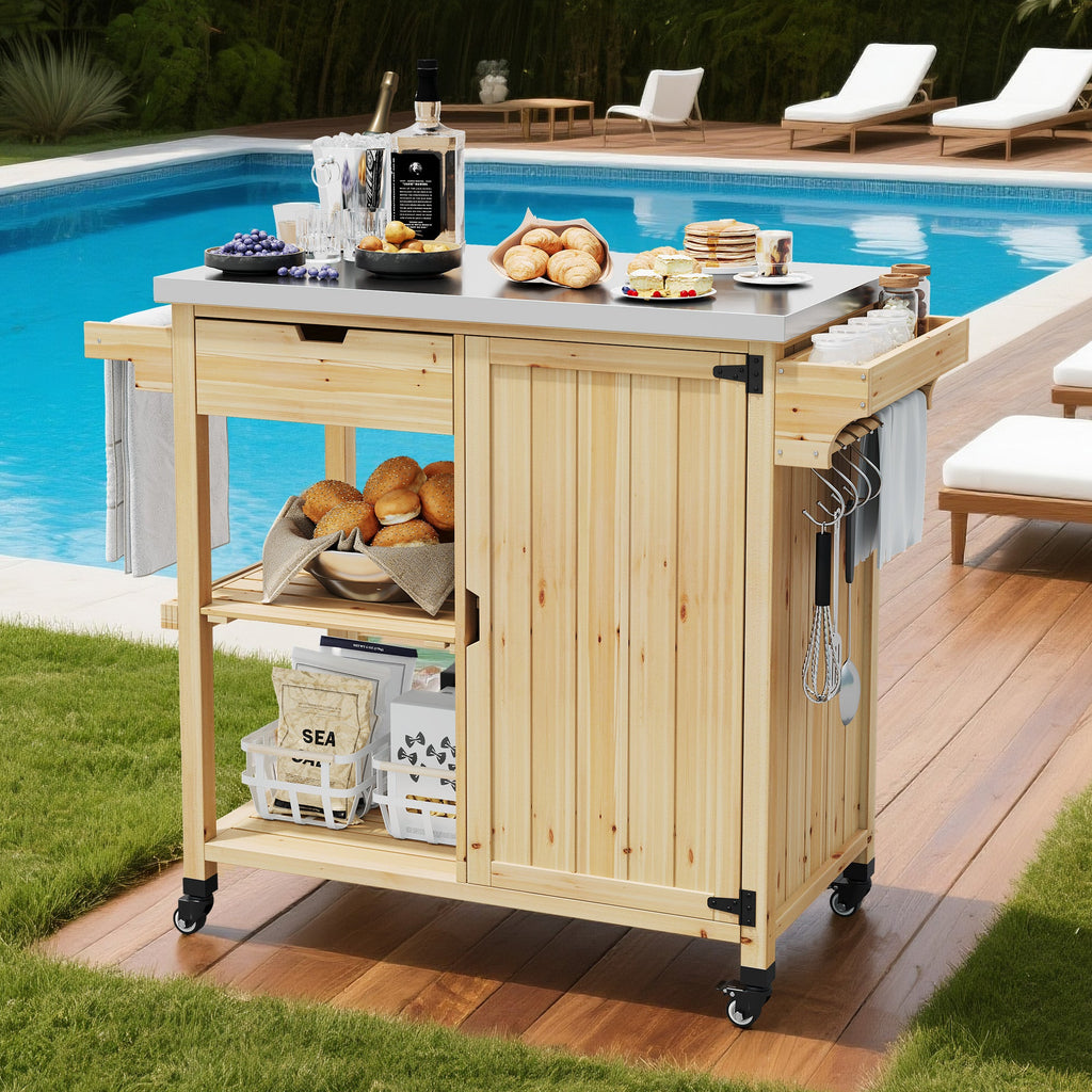 Garvee Portable Sturdy Wood Outdoor Grill Cart Kitchen Island – Stainless Steel Top, Wheels, Drawer, Spice Rack, Open Shelves – Rolling BBQ Prep Table for Patio, Backyard, Garden – Color: Sturdy Wood